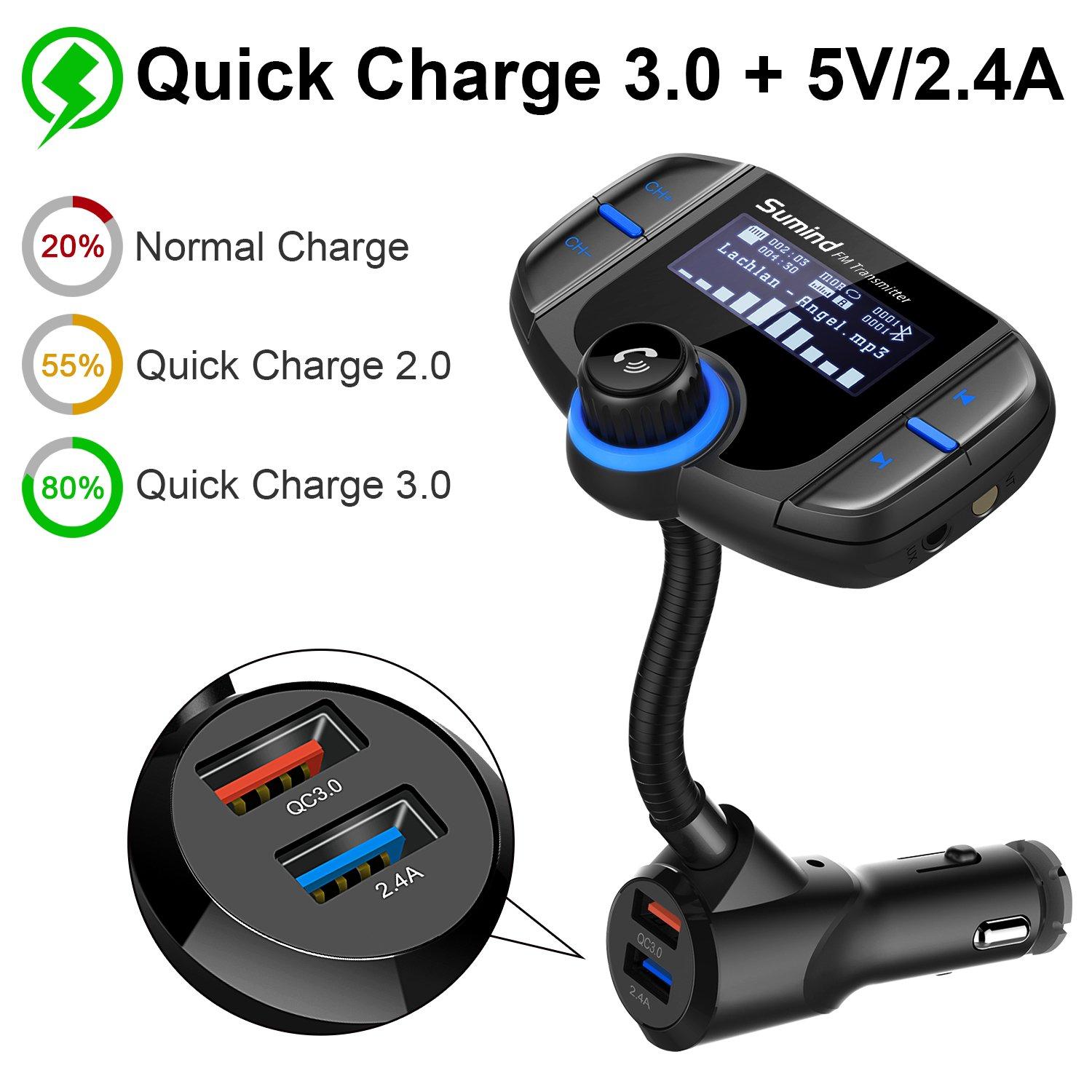 Sumind (Upgraded Version) Bluetooth FM Transmitter, Sumind Wireless Radio Adapter Hands-Free Car Kit with 1.7 Inch Display, QC3.0 and Smart 2.4A Dual USB Ports, AUX Input/Output, TF Card Mp3 Player