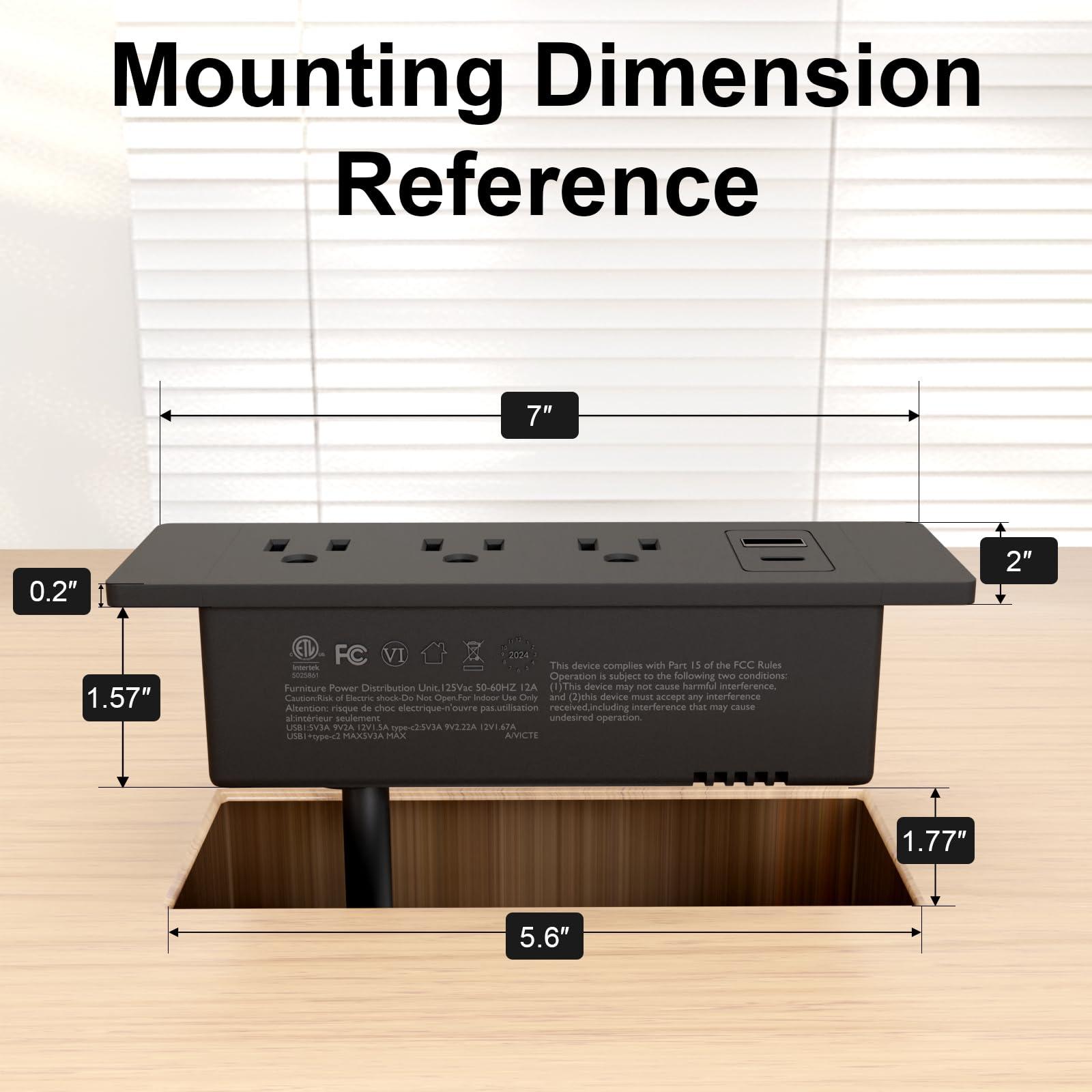 OELFFOW Drawer Outlet Kit, Recessed Furniture Power Strip, PD 20W Fast Charging Horizontal Outlet, Clutter-Free Drawer Socket with 2 USB(A & C) and 3 12 Amp AC Ports, 7.2 FT Power Cord, Spring Cable