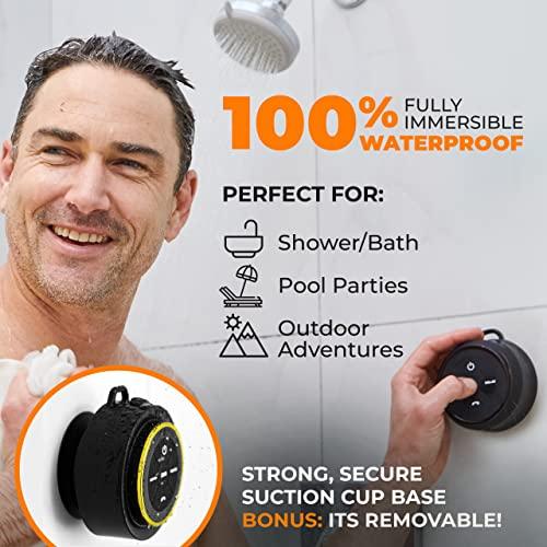iFox Creations iFox Portable Bluetooth Shower Speaker, IPX7 Waterproof Outdoor Wireless Speaker, Built-in Mic, Carabiner, Beach, Camping, Hiking, Pool, Great Gift, Black/Gold