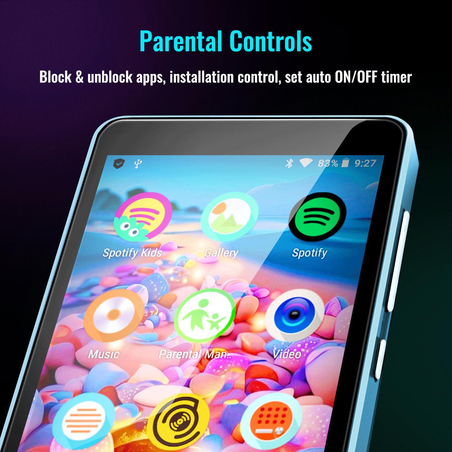 Luoran Kids MP3 Player with Parental Controls, Spotify Kids, Spotify, Audible, Amazon Music, 4.0\" IPS MP4 Music Player Up to 256GB (Blue)