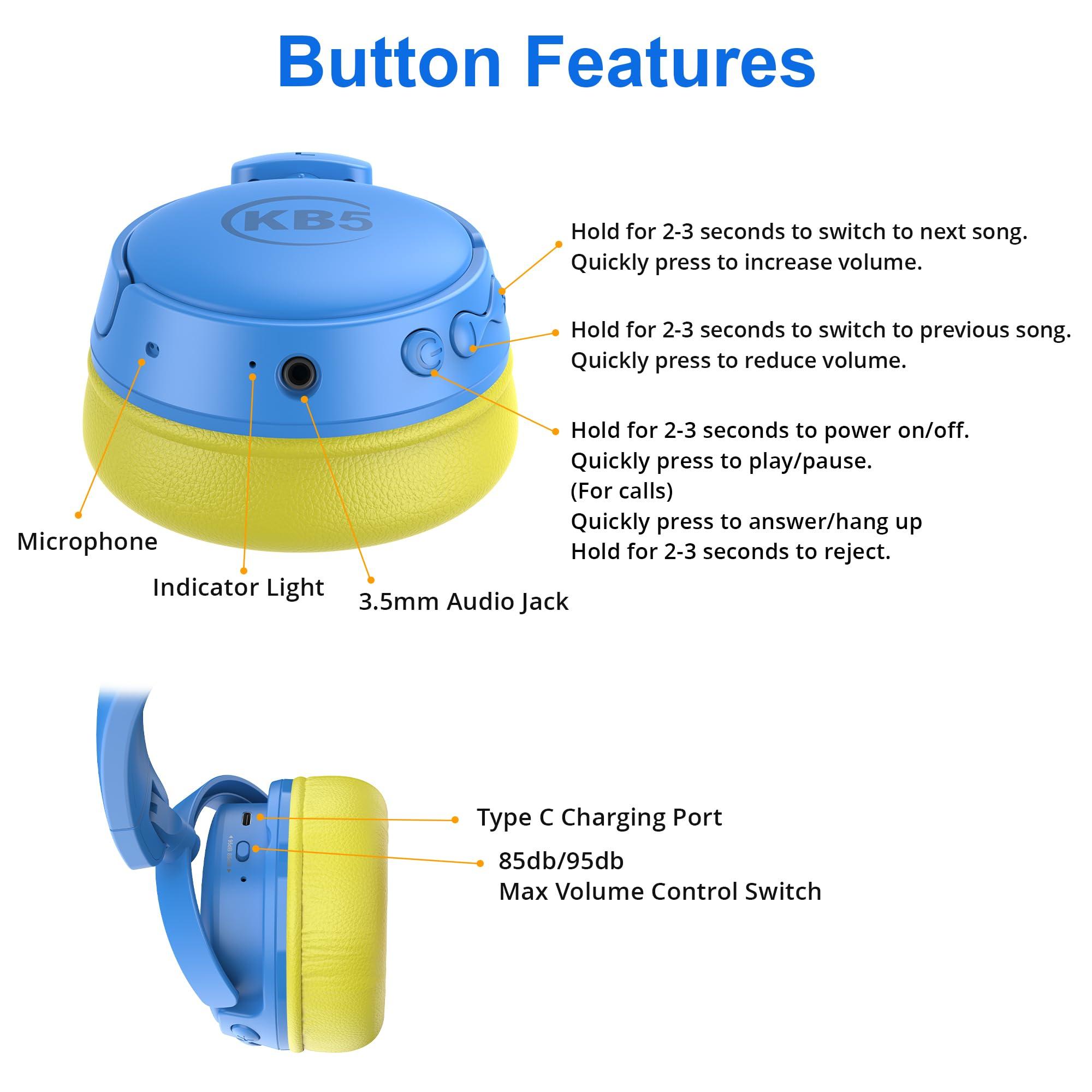 Contixo Contixo KB-5 Kids Headphones - Over The Ear Foldable Bluetooth Wireless Headphone for Kids - 85dB with Volume Limited - Toddler Headphones for Boys and Girls (Blue + Yellow)