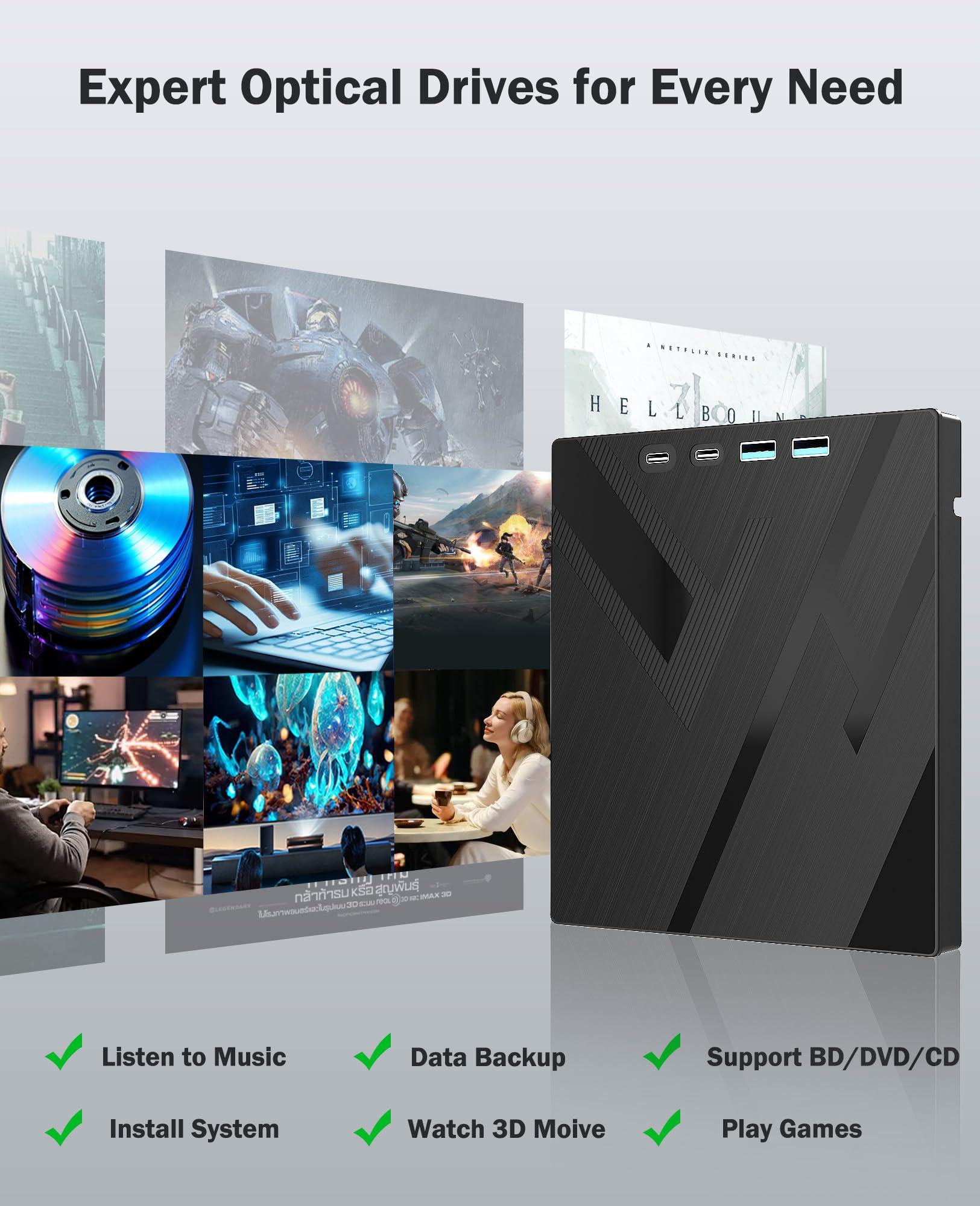 Wbacon 7 in 1 External Blu-ray Drive, USB 3.0 Type-C Optical External Bluray/DVD Drive Burner with SD/TF Port, Support 100G Disc R/W for PC Compatible with Windows XP/7/8/10/11 Mac Laptop Desktop