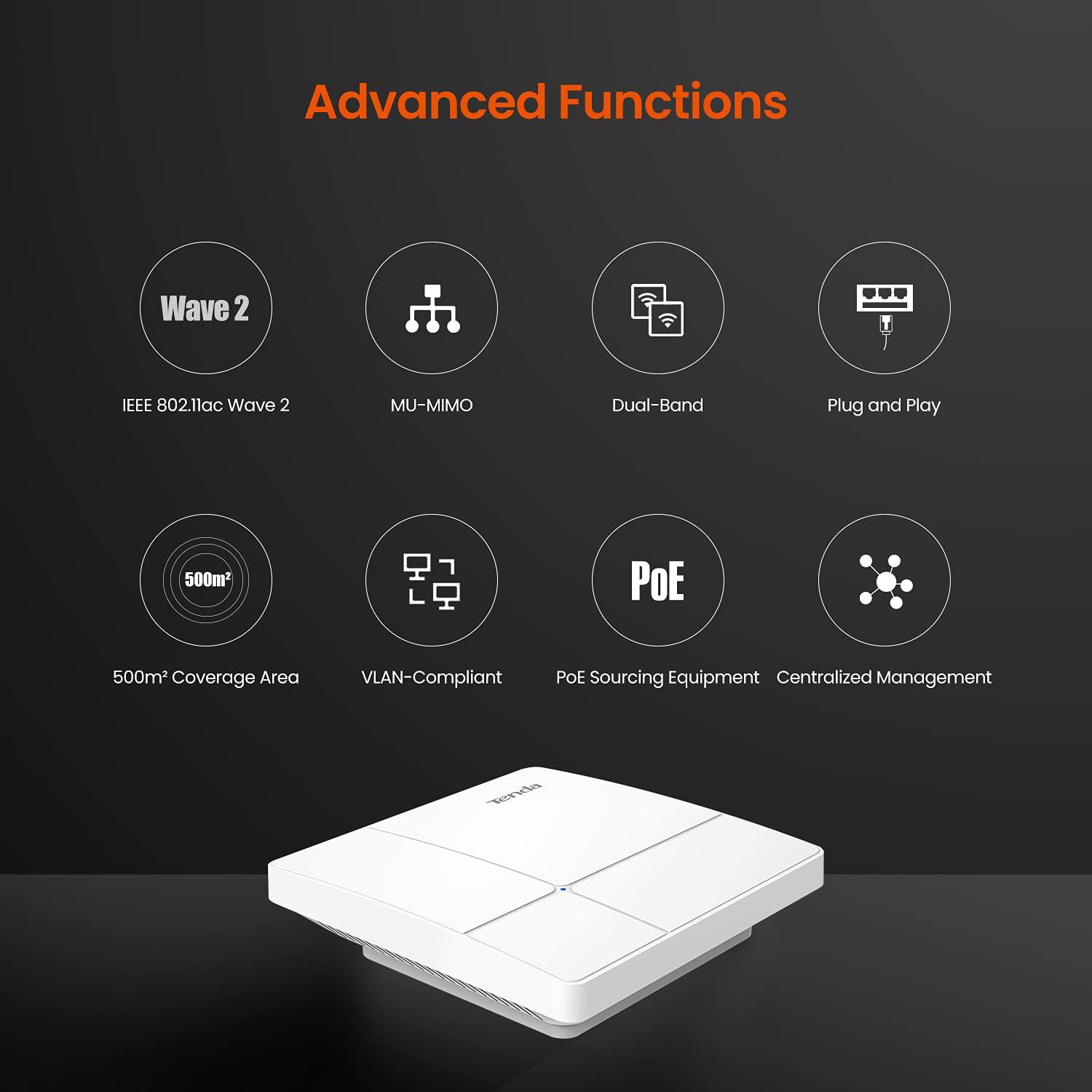 Tenda Tenda AC1200 Dual Band Gigabit Wireless Access Point, Ceiling Mount WiFi Access Point, Coverage 3200 sq.ft|PoE Powered|Surport IEEE 802.11ac Wave 2 and MU-MIMO|White(I24)