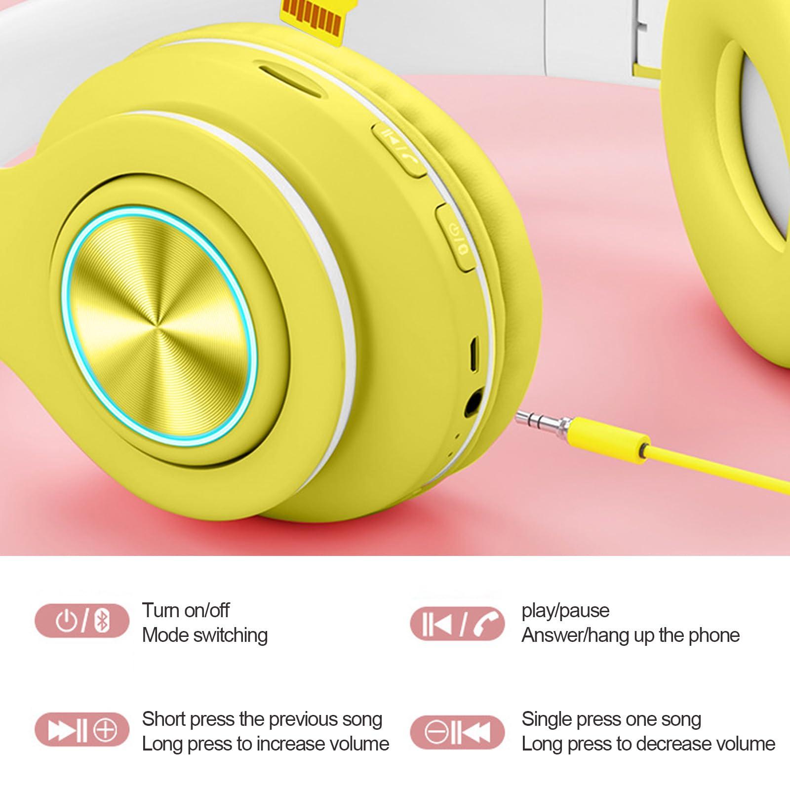 E-Greetshopping Bluetooth Over Ear Headphones ,Colorful LED Lights Headphones ,Foldable Hi-Fi Stereo Headphones with in Microphone, Wired and Wireless Headphones for Classroom/Home Office/PC/Mobile (yellow)