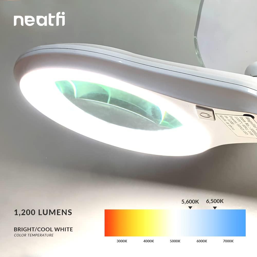 Neatfi Neatfi (New Model) Bifocals 1,200 Lumens LED Magnifying Floor Lamp with Rolling Base, 5 Diopter with 20 Diopter, Dimmable, Adjustable Arm (5 Inches, White)