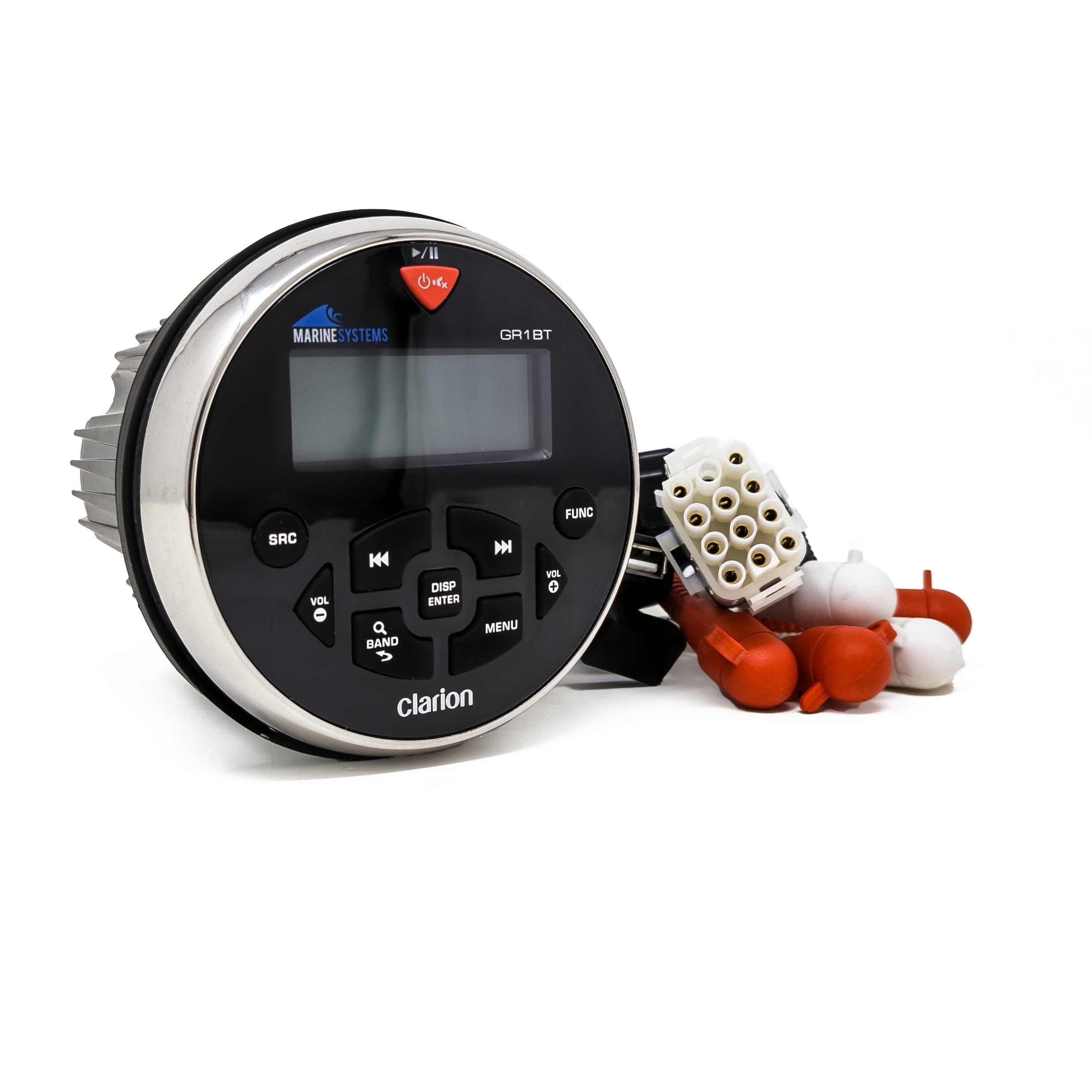 Clarion Clarion GR1BT Marine USB/MP3/WMA/BT Receiver with Stinger SEADASH3B Black Marine Dash Kit and Flush Mount USB/AUX