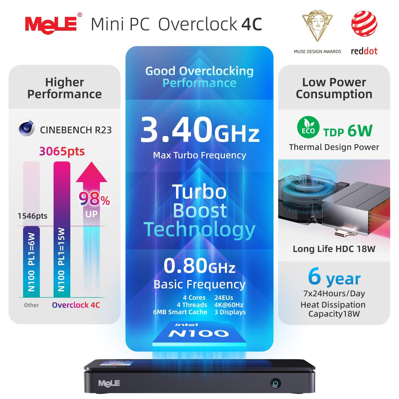 MeLE MeLE Reddot Winner Mini PC Overclock4C N100(up to 3.4GHz) Alder-Lake 12th Gen 16GB RAM, 512GB Storage, Mini Desktop Computer, Triple Screen Display, Full Function USB-C on Office Education Home