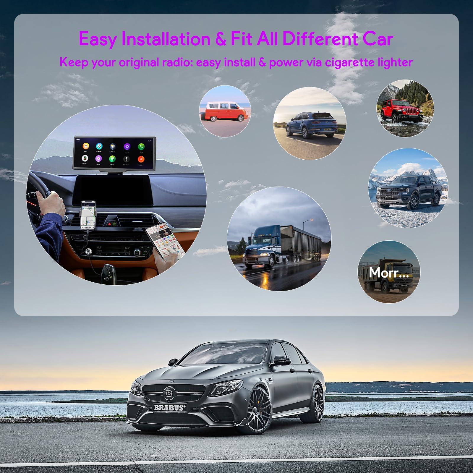 NUOTIAN Wireless Apple Carplay Screen for Car with Backup Camera Compatible with Apple Car Play & Android Auto, GPS Navigation, and Mirror Link, Fits All Vehicles (10.26\")