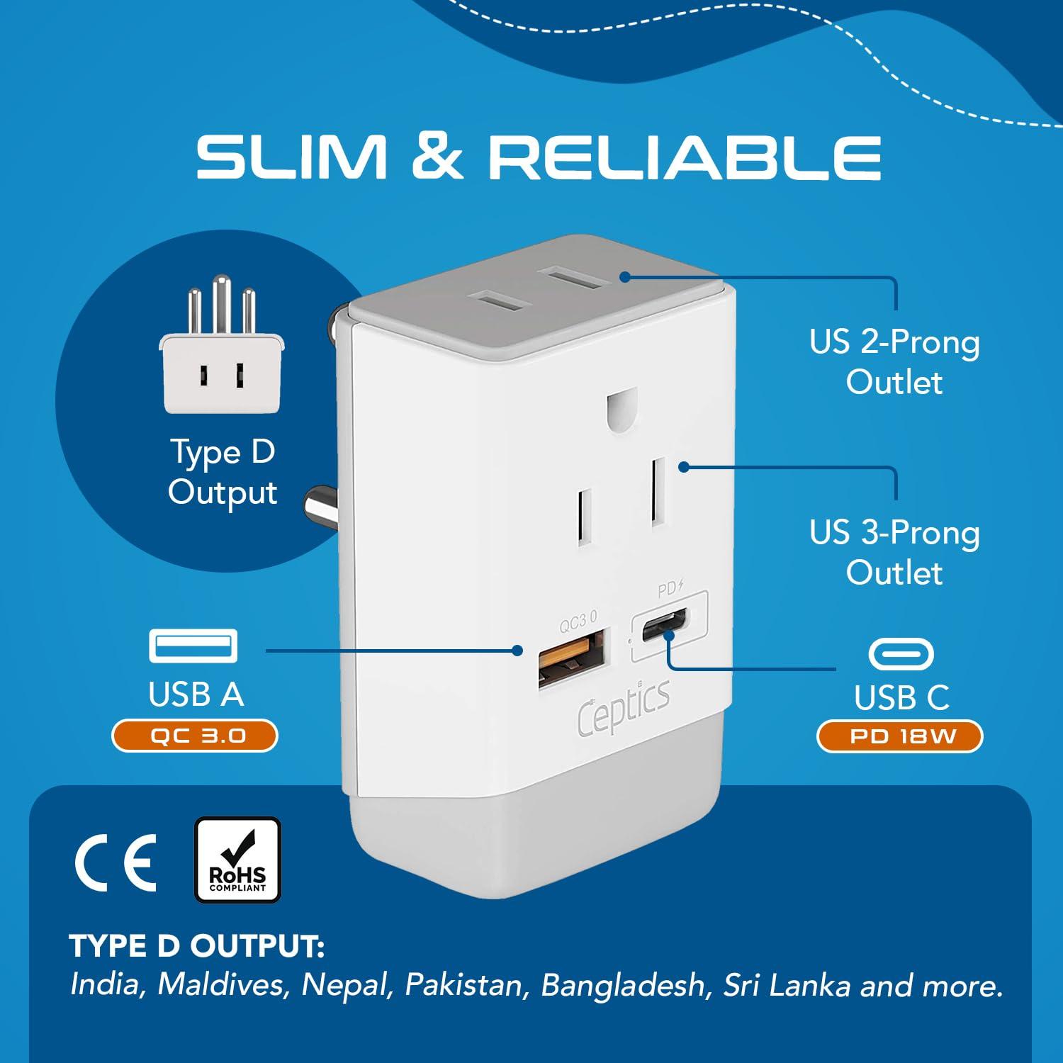 Ceptics Ceptics US to India Plug Adapter, Type D Plug Adapter QC 3.0 & PD, Safe Dual USB & USB-C 18W, India Plug Adapter Fast Charging - Powerful 2 USA Sockets - Use in Pakistan Nepal Sri Lanka - AP-10