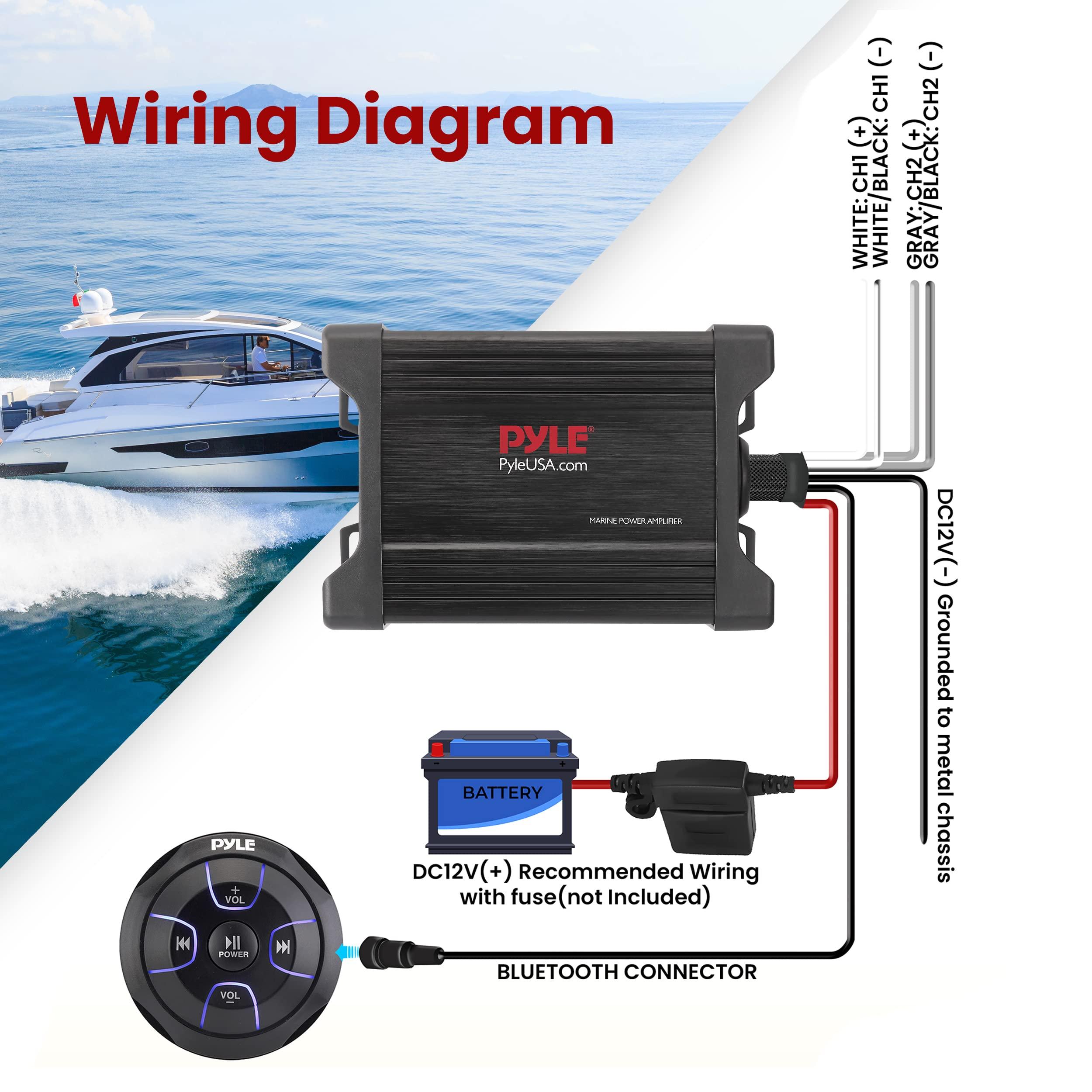 Pyle Pyle Waterproof Bluetooth Marine Amplifier Receiver - Weatherproof 2 Channel Wireless Amp for Stereo Speaker with 600 Watt Power, Wired RCA, AUX and MP3 Audio Input Cable - (Black)