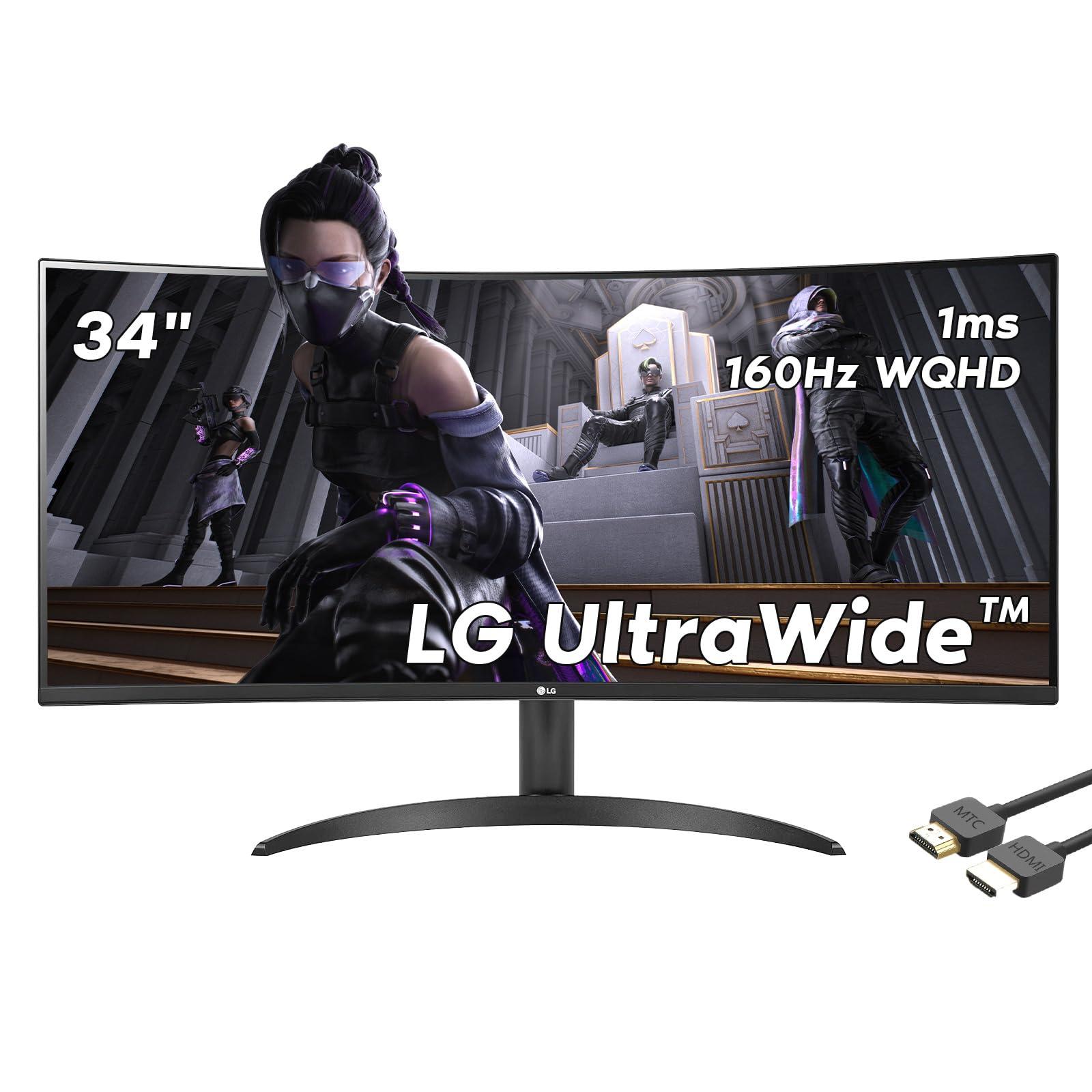 LG LG 34 UltraWide Curved Monitor, 21:9 WQHD (3440x1440) IPS Display, 160Hz, 1ms, sRGB 99% Color Gamut and HDR 10, AMD FreeSync Premium and 3-Side Virtually Borderless Screen, with MTC HDMI Cable