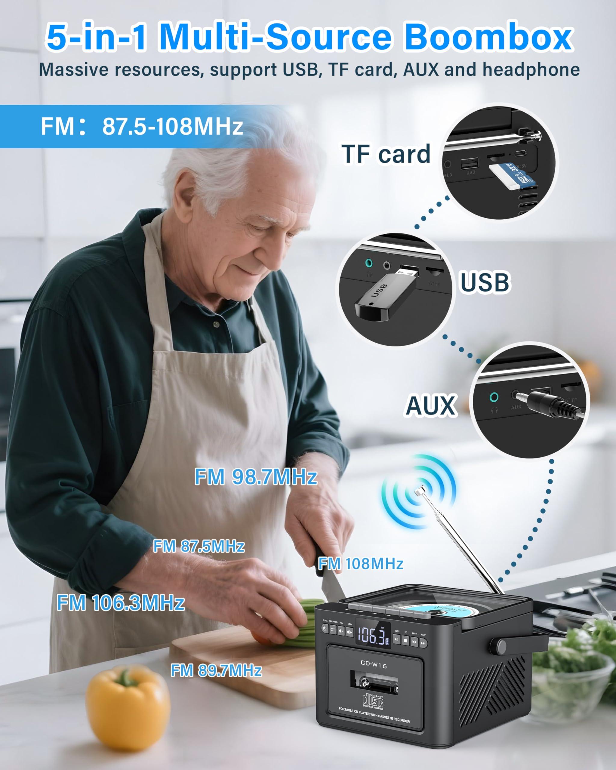 Greadio Greadio Boombox CD and Cassette Player Combo, 5000mAh Rechargable CD Player Boombox with Bluetooth Receive/Transmit/FM Radio/USB/TF/AUX/Remote Control, Boom Box CD Cassette Player for Home Outdoor