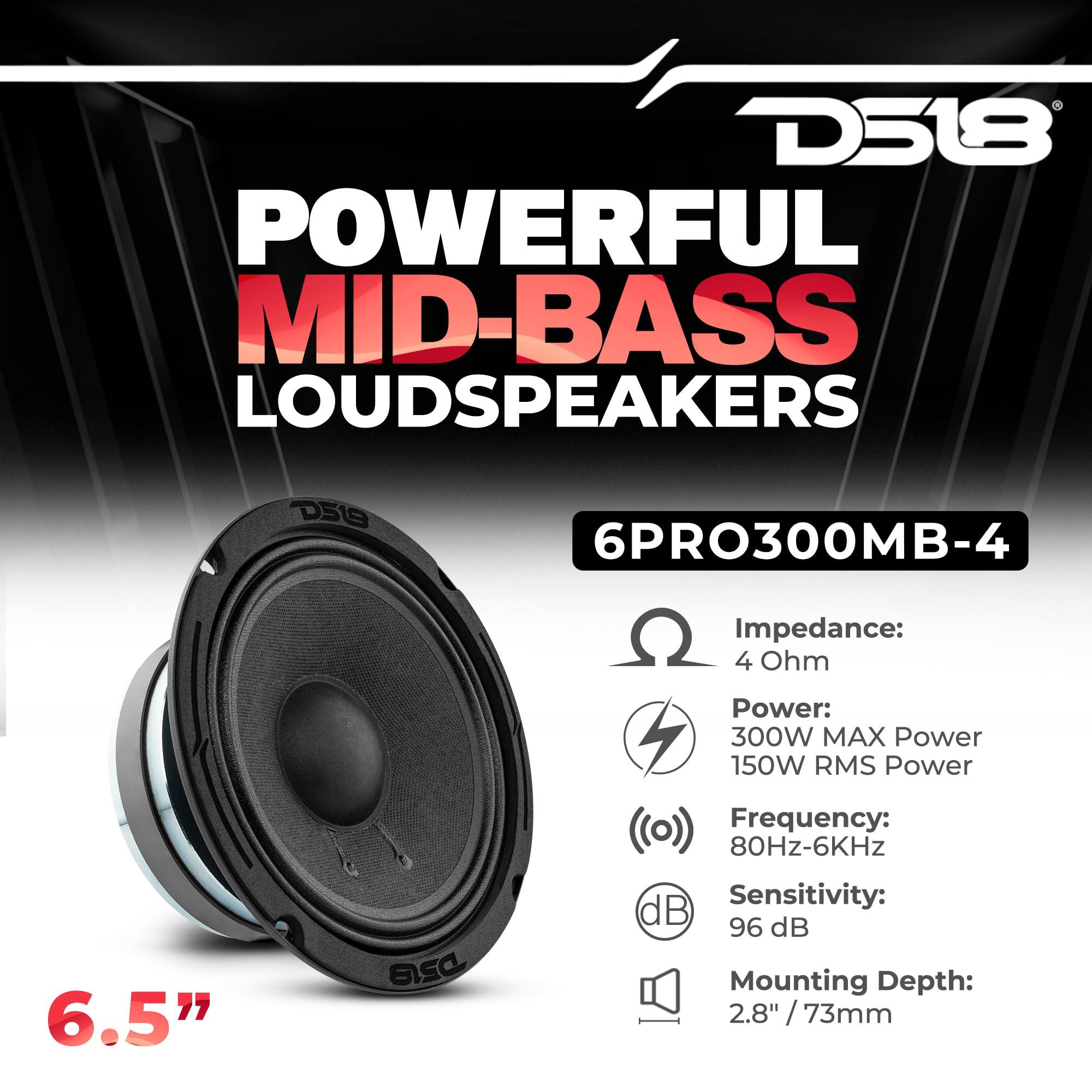 DS18 DS18 6PRO300MB-4 PRO 6.5\" Mid-Bass Loudspeaker 300 Watts Max Power 150 Watts RMS 4-Ohm - Powerful Midbass Speaker for Pro Car Audio Sound System - 1 Speaker