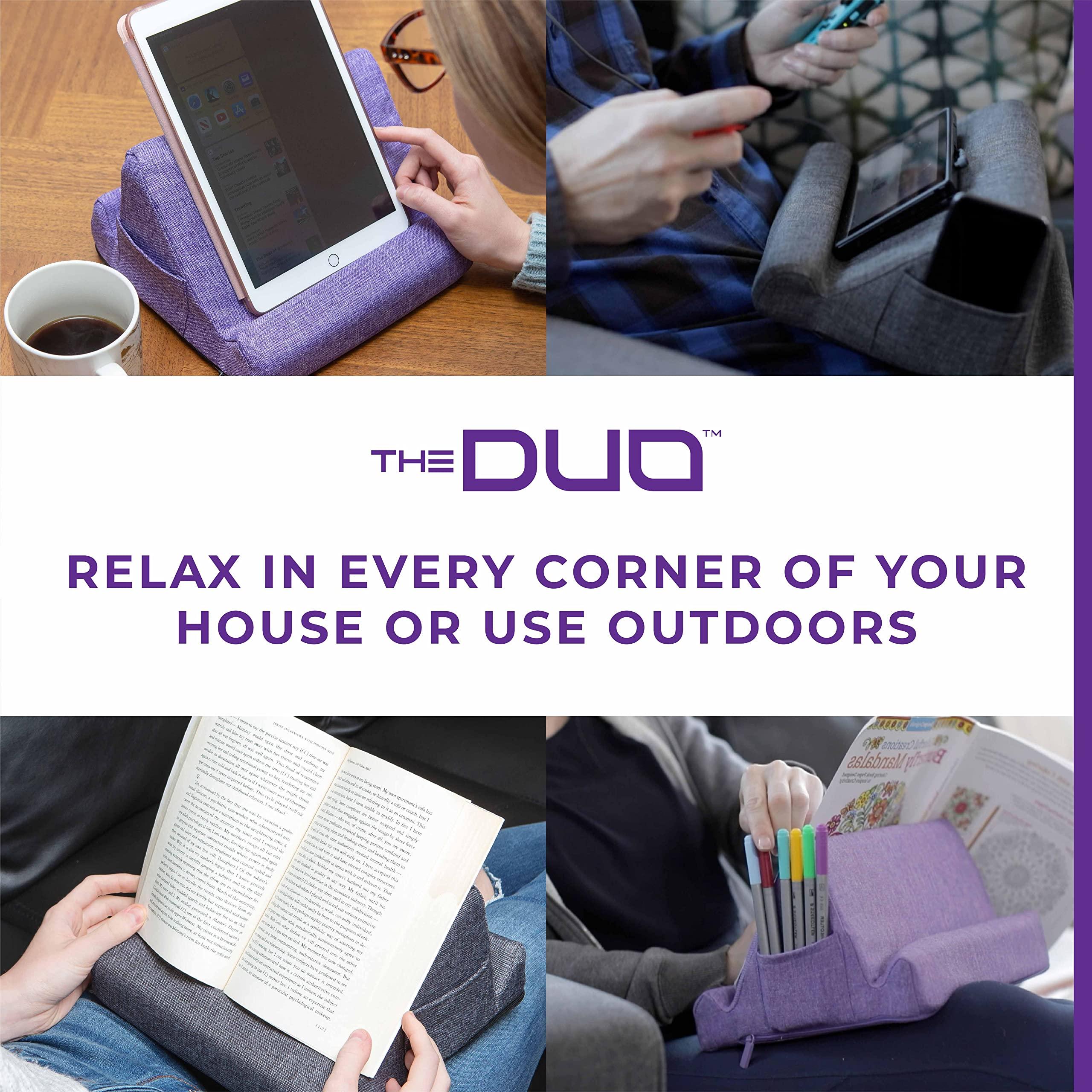 THE DUO THE DUO Multi-Angle Viewing Stand for iPad, Tablet, Phone - Pillow Tablet Stand with Side Pockets - Portable Tablet Holder for Travel and Work from Home - Purple, 10 x 10 x 6.75 inches