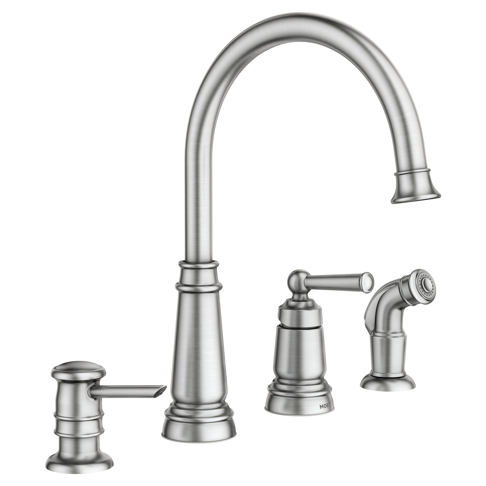 Moen Moen Spot Resist Stainless One-Handle High Arc 4-hole Kitchen Faucet with Side Sprayer and Soap Dispenser, 87042SRS