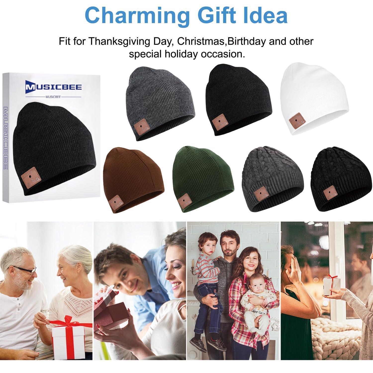 beanie beanie Bluetooth, MUSICBEE Bluetooth V5.2 Wireless Knit Winter Cap, 24 Hour Play time, Built-in Microphone and HD Stereo Speakers(Black