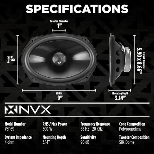 NVX NVX VSP69 6x9 Premium Car Speakers, 900W Max, 300W RMS, 2-Way Coaxial w/ 1\" Silk Dome Tweeters & Built-in X-Overs, Easy to Install in Cars/Trucks/Doors (Pair)