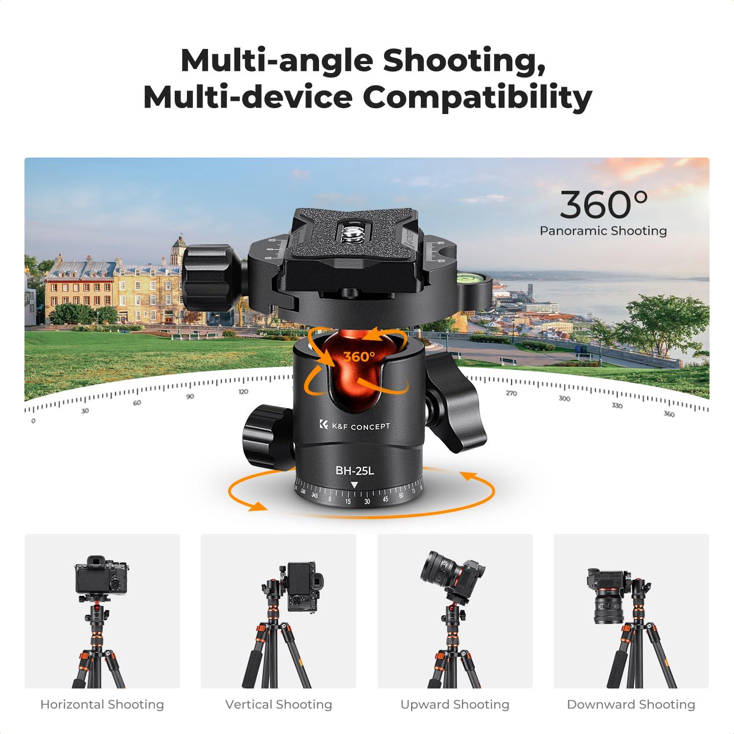 K&F Concept K&F Concept 60 inch Carbon Fiber Camera Tripod,Super Lightweight Compact Travel Tripod with 360 Degree Ball Head,Quick Release Plate,Detachable Monopod 8KG Load Capacity for SLR DSLR C225C0 (BA225)