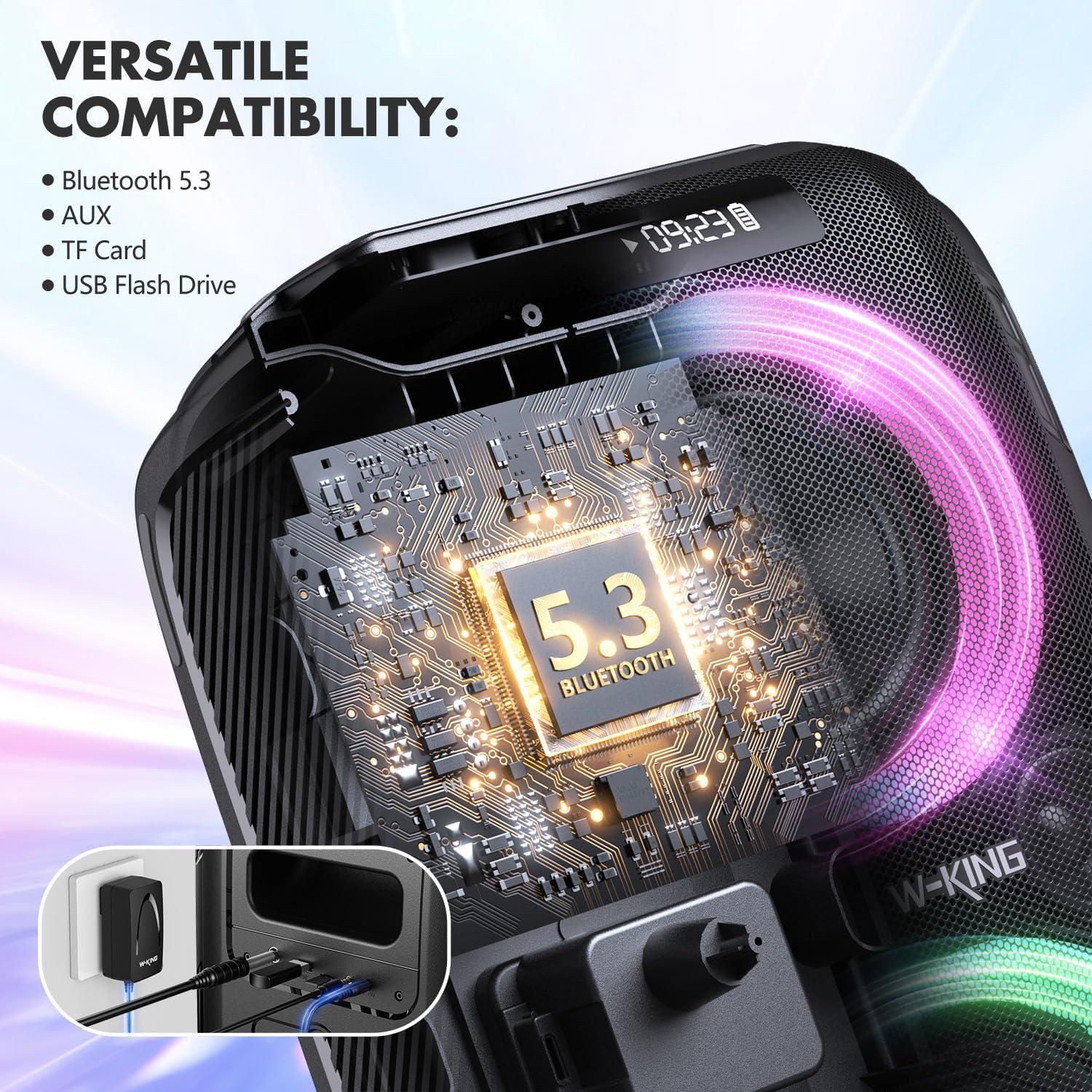 W-KING W-KING Party Large Bluetooth Speaker Loud-(200W PEAK)120W Extra Deep Bass, V5.3 Big Boombox Karaoke Portable Speaker Wireless, 12 Custom Bass, Massive 120dB/IPX5/Lights/USB Play/MIC&Guitar Port/TF/AUX