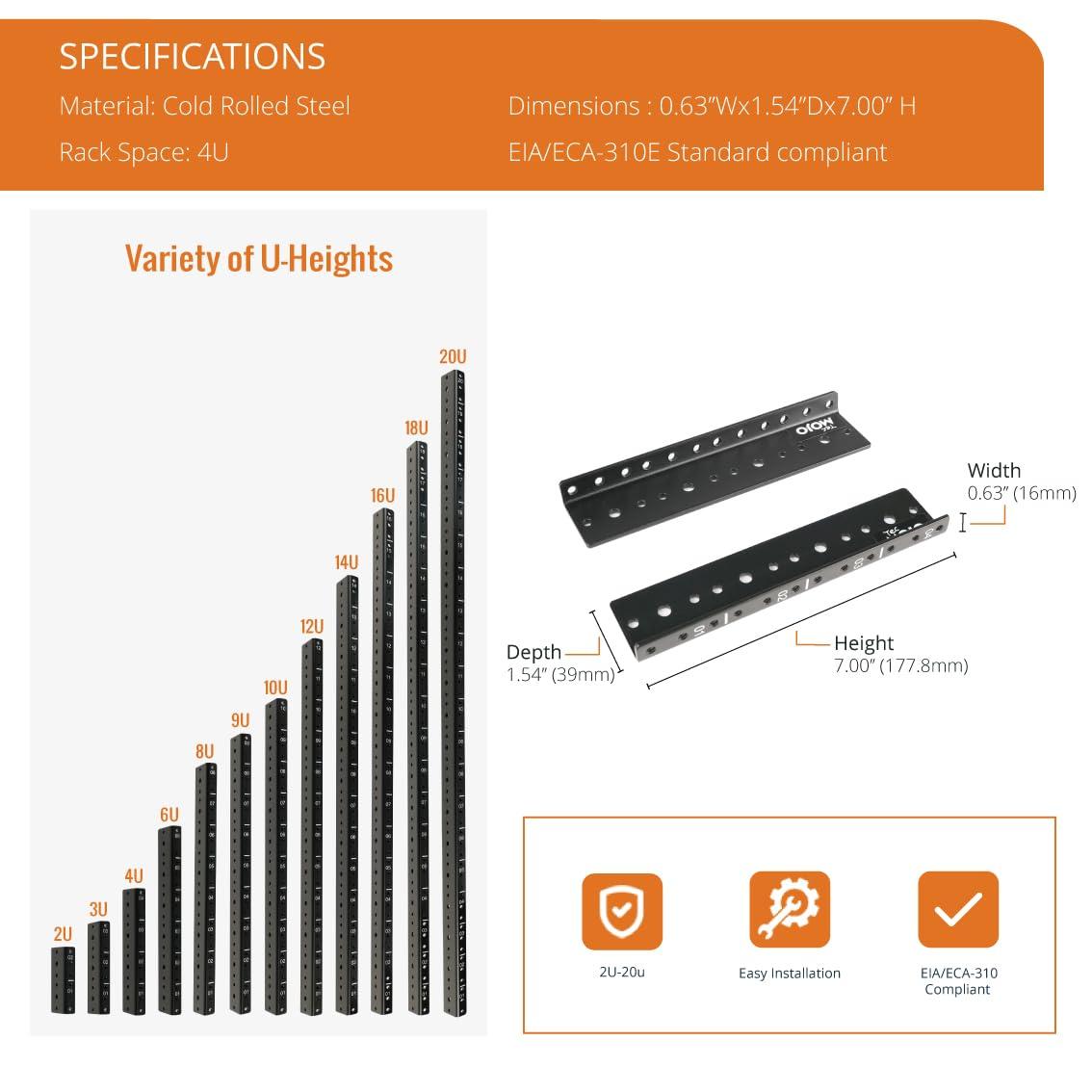 Tecmojo Tecmojo 4U Rack Rails with 12-24 Screws to Mount Equipment, Heavy Duty Steel Rack Rail Set, Black, Tapped Hole