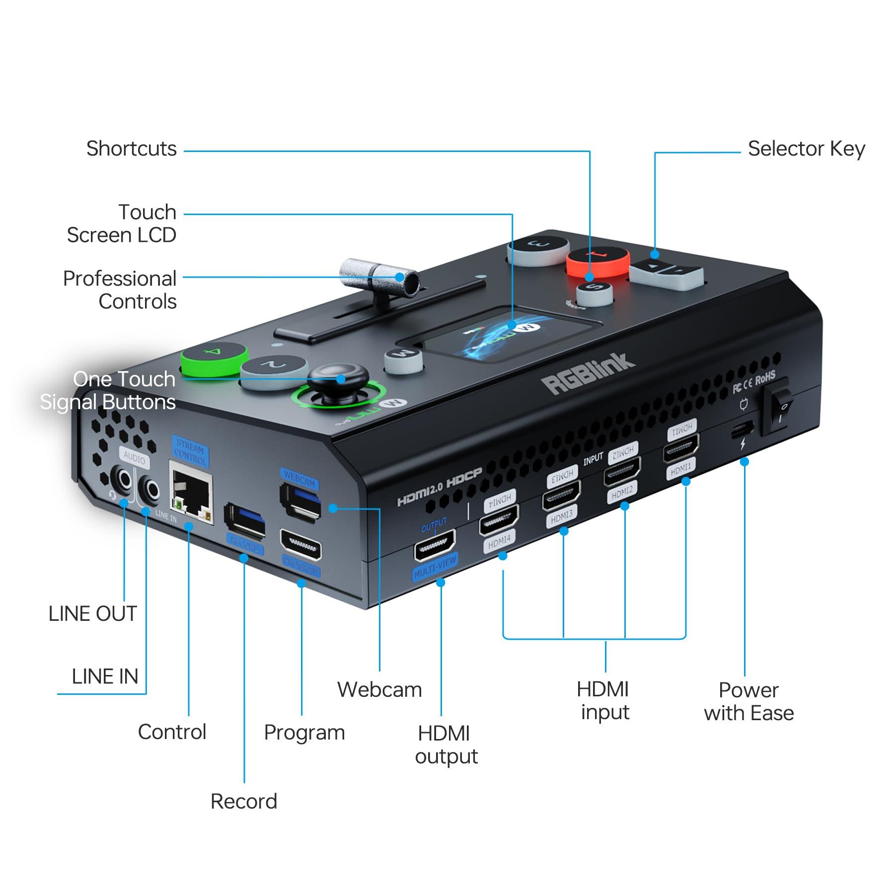 RGBlink RGBlink Mini-pro Multi Camera Video Mixer Switcher with On-Board Monitor 4K HDMI Live Streaming Switcher Chroma Key Logo Overlay USB3.0 Output for Church, Webinars, Weddings, Social Events