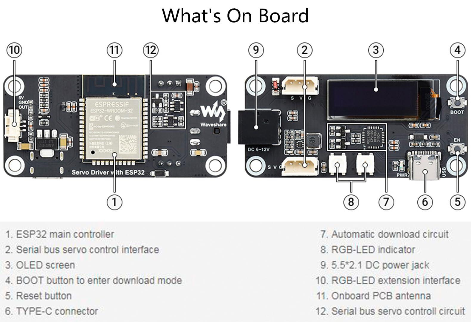 waveshare waveshare ESP32 Servo Driver Expansion Board, Built-in WiFi and Bluetooth 6~12V Voltage Input UART Serial Bus Control Allows Controlling up to 253 SC, ST Series Serial Bus Servos Simultaneously
