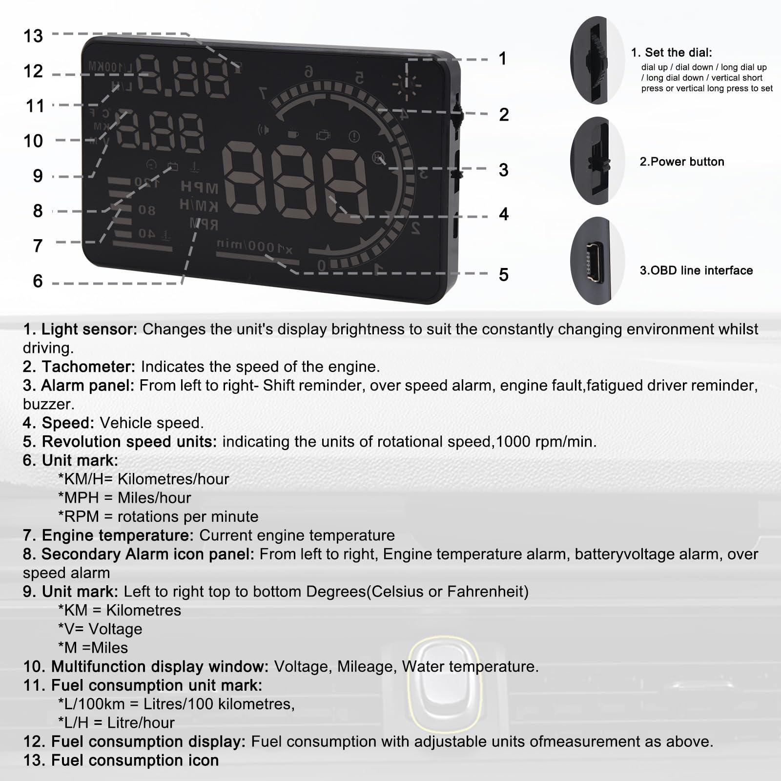 Geloo Geloo Head Up Display OBDII HUD Display for Cars A8 Head up Display 5.5in Digital Speedometer for Car MPH with Multiple Alarm,Light Sensor Windshield OBDII Interface only for Cars from 2012 Onwards