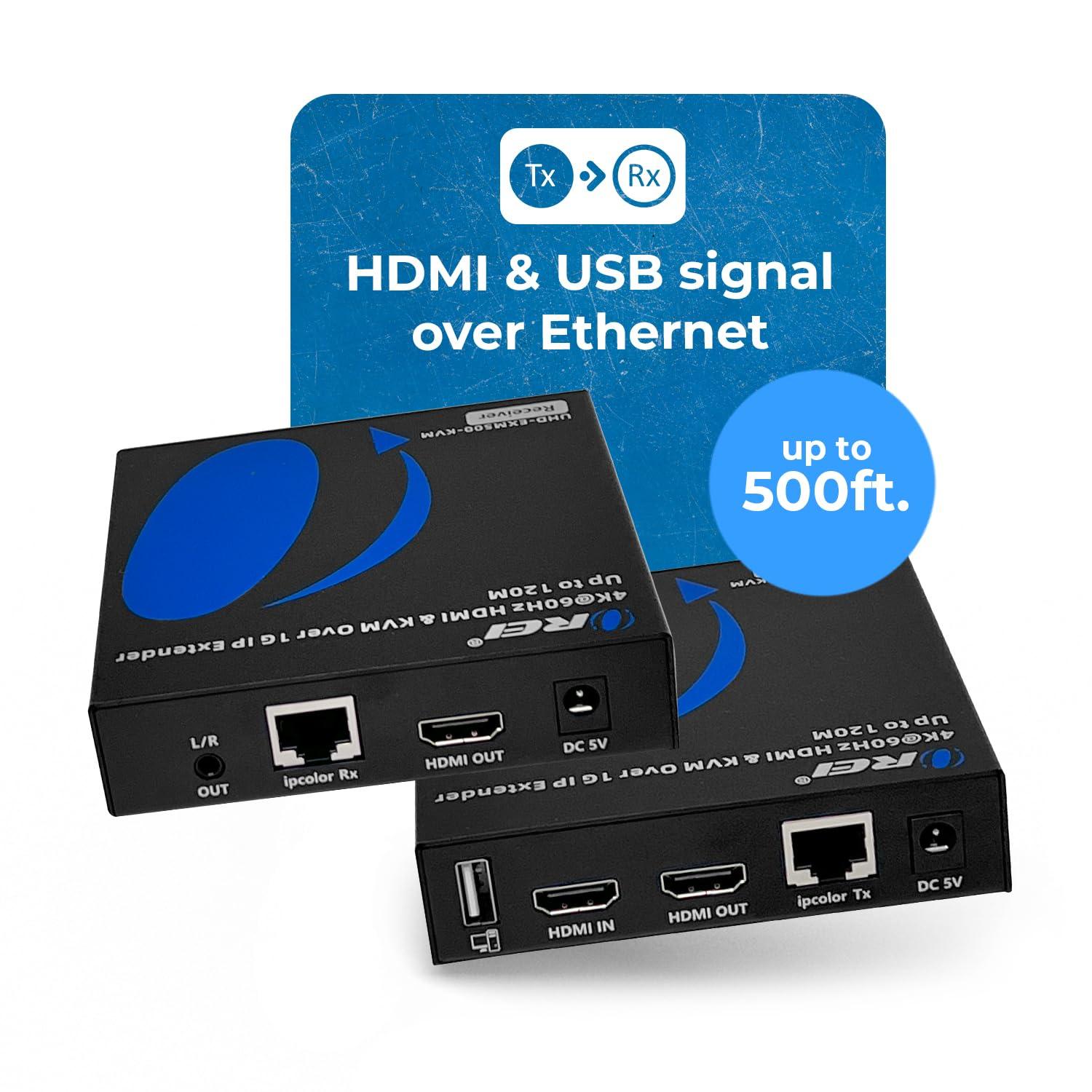 OREI OREI 4K KVM HDMI Extender Over IP CAT6 4K@60Hz One to Many Upto 330 Feet, 2 USB 1.1 Loop Out - Send to Multiple Location Over 1G Switch (UHD-EXM500-KVM)