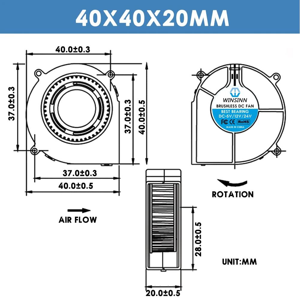 WINSINN WINSINN 40mm Blower Fan 5V, 3D Printer Micro 5 Volt Fans Blower 4020 Hydraulic Bearings, 40mmx20mm 2PIN (Pack of 4Pcs)