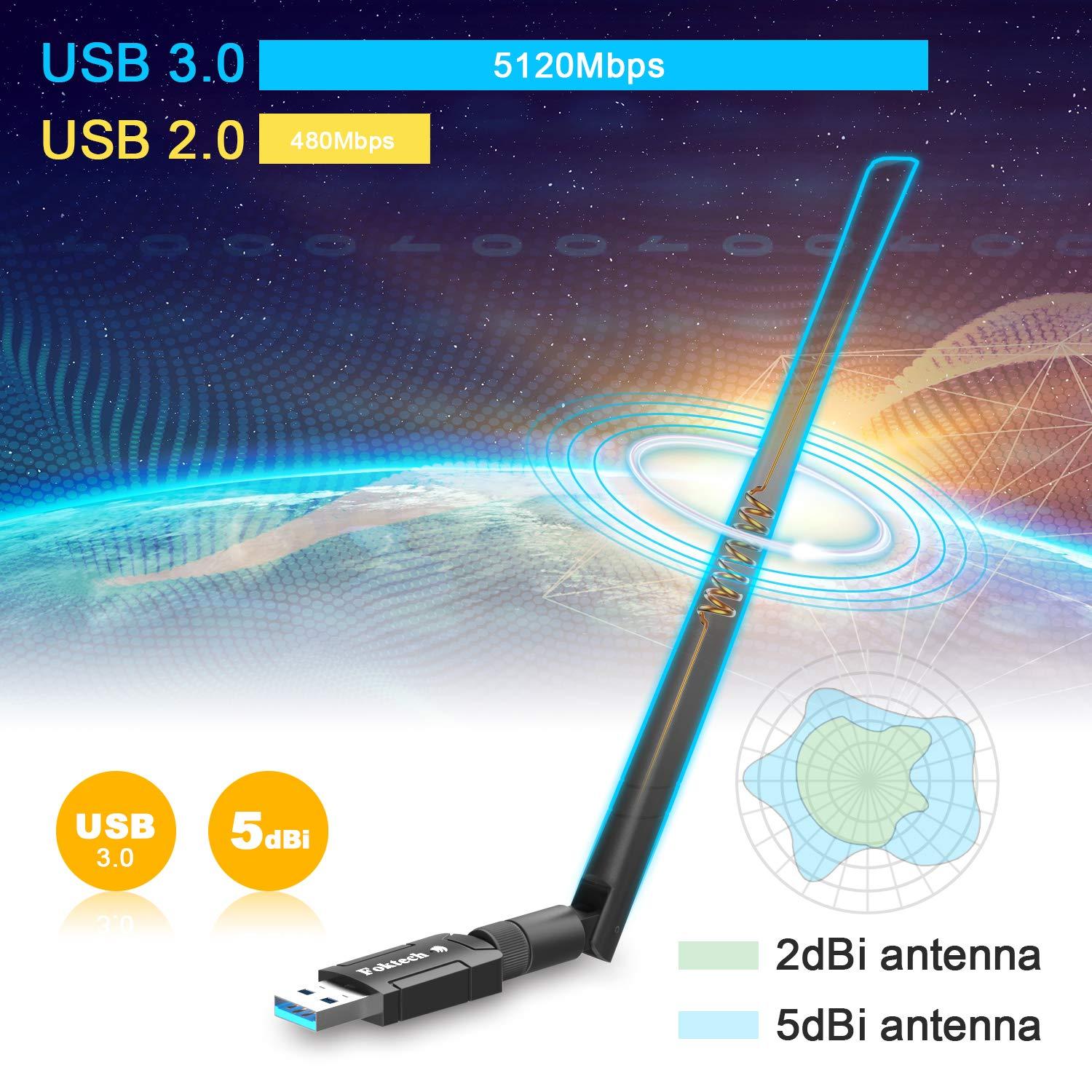 Foktech Foktech USB WiFi Adapter, AC1200 USB 3.0 Wireless Network Dongle for Desktop/Laptop, Dual Band 2.4GHz/5Ghz, Support Windows XP/Vista/7/8/8.1/10,Mac OS X 10.9-10.15 (WiFi Adapter AC1200)