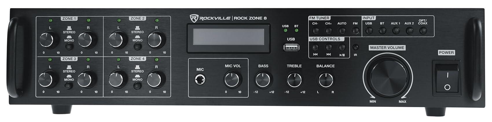 Rockville Rockville Rock Zone 8 8-Zone 8-Channel 1000W Multi-Room/Source Receiver Amplifier, Bluetooth, USB, Optical, FM Radio, Includes Remote - Perfect for Home & Commercial Audio, Restaurants, Offices