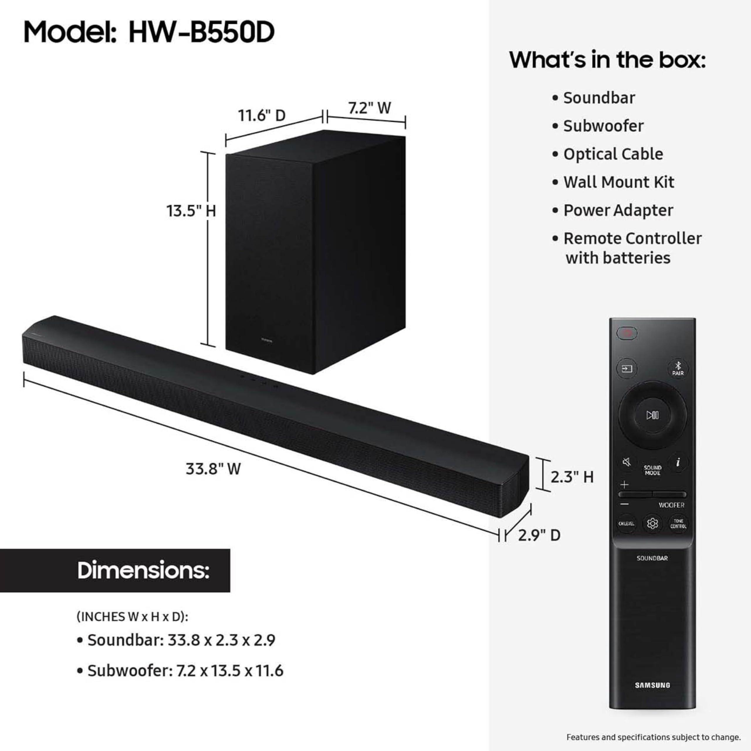 SAMSUNG SAMSUNG HW-B550D 3.1 ch Soundbar w/ Dolby Audio, Surround Sound expansion, Bass Boost, Adaptive Sound, DTS Virtual:X, Wireless Subwoofer, 2024