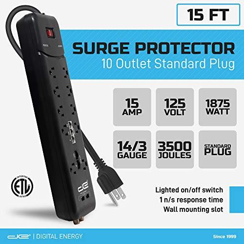 Digital Energy Digital Energy 10-Outlet Straight Plug 3500 Joules Heavy Duty Surge Protector Power Strip, 25 Foot Long Extension Cord, 15 AMP, 15 FT, Black