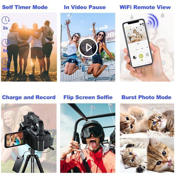 Acuvar Acuvar 6K HD Camcorder Video Camera, 64MP 60FPS Camcorder Video Camera 6K with Mic, WiFi, LED Light, 64GB SD Card, Battery, Live Stream Webcam YouTube Video Cam for Vlogging & Filming Creators