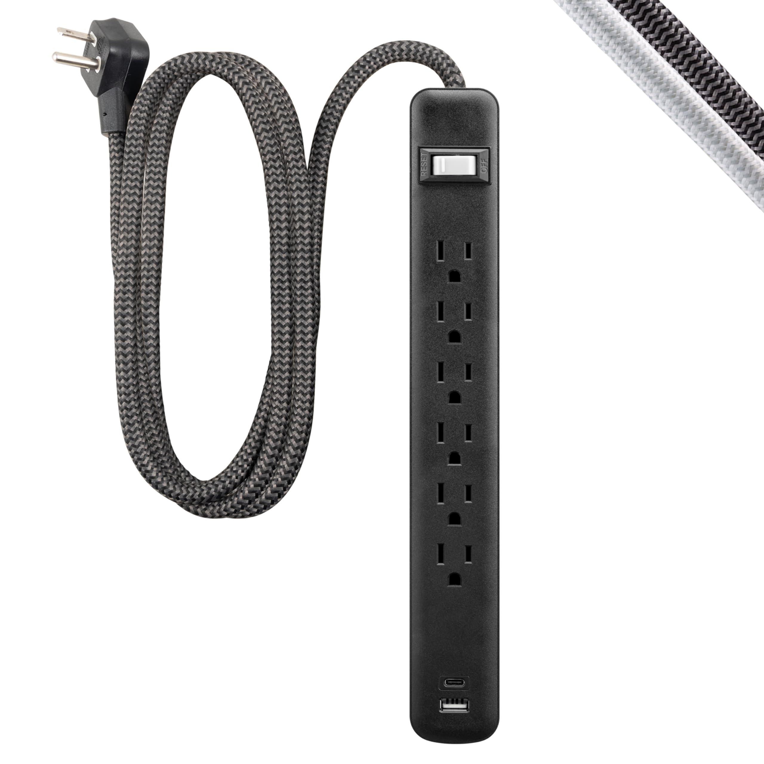 GE GE 6-Outlet Power Strip with USB, 1 USB-A, 1 USB-C, Outlet Extender, 6 Ft Braided Extension Cord, Flat Plug, Charging Station, Black, 82595