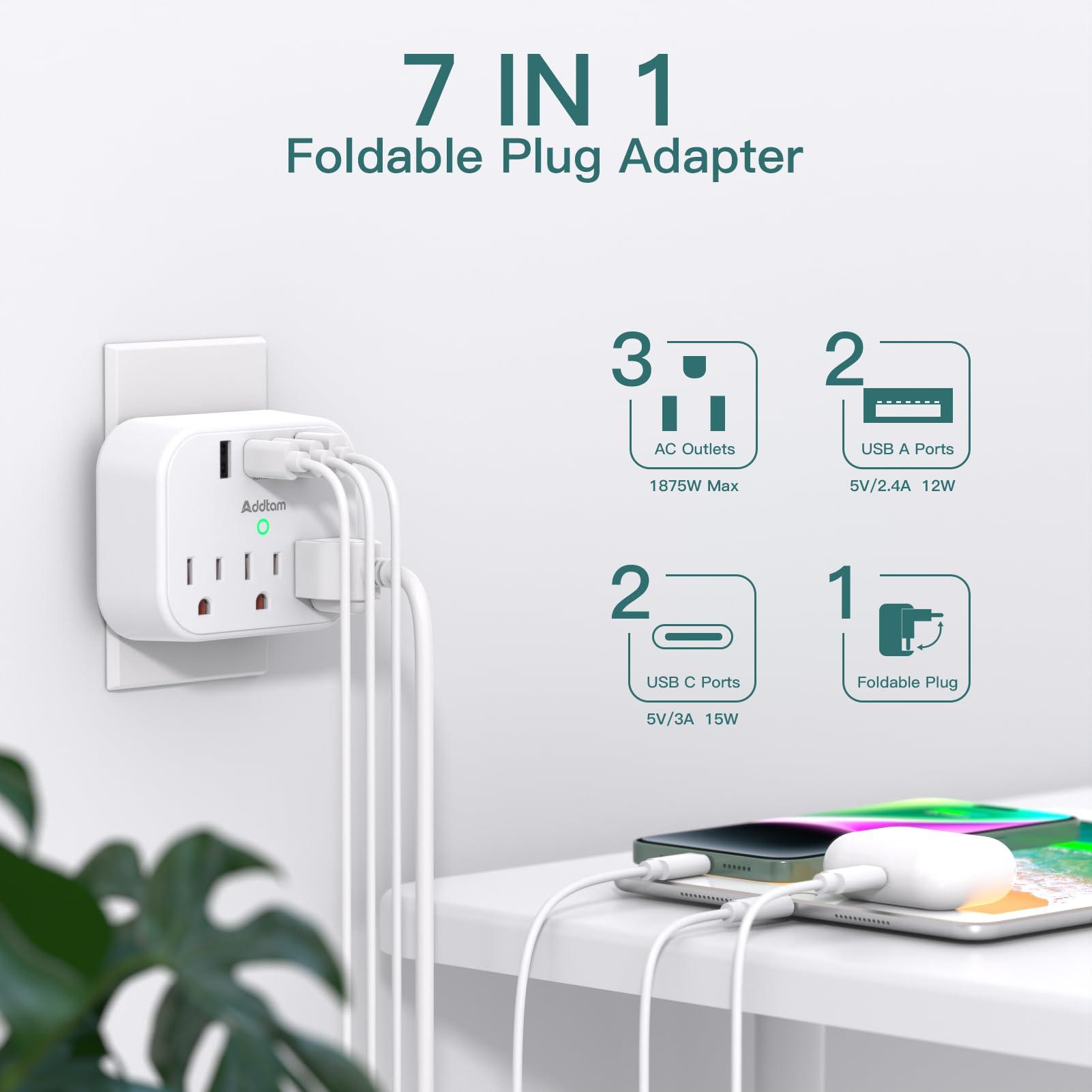 Addtam Cruise Ship Essentials - Cruise Approved Power Strip Non Surge Protector, Travel Plug Adapter with 3 Outlets 4 USB (2 USB-C), Foldable Outlet Extender for Travel Cruise Must Have