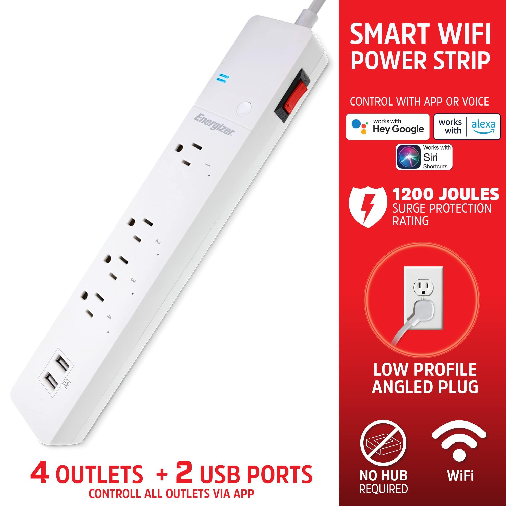 XTREME DIGITAL LIFESTYLE ACCESSORIES Energizer Smart Wi-Fi 4 Outlet 2 USB Power Strip, 1,200 Joules, Powers 4 Separate Items, Charge Compatible Devices, Compatible with Alexa/Siri/Google Assistant
