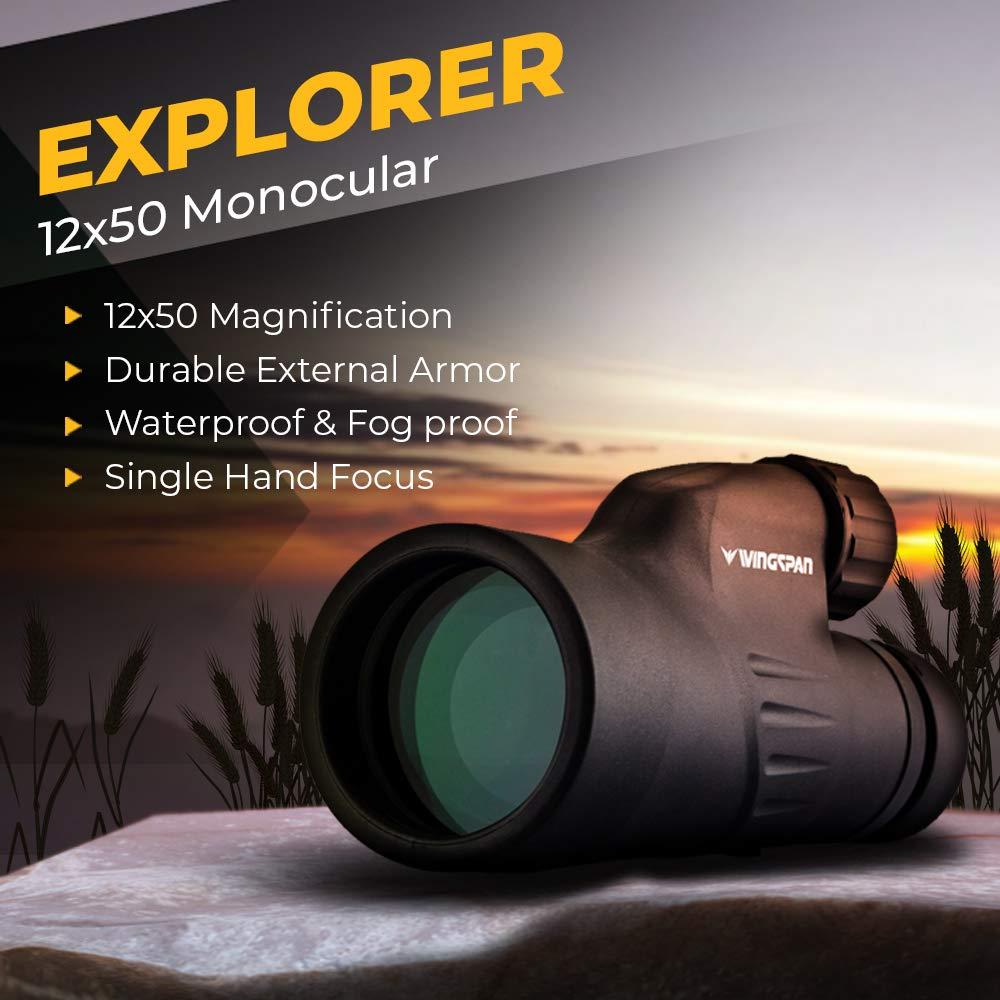 Wingspan Optics Wingspan Optics Explorer High Powered 12X50 Monocular. Bright and Clear. Single Hand Focus. Waterproof. Fog Proof. For Bird Watching, or Watching Wildlife. Daytime Use. Formerly Polaris Optics