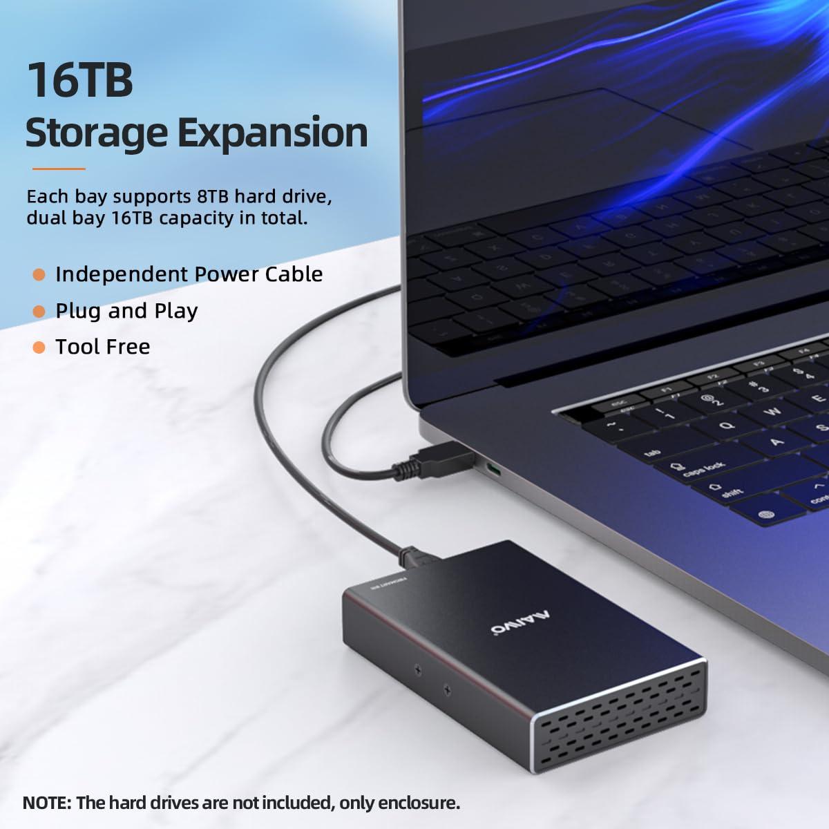 MAIWO MAIWO Dual Bay Hard Drive RAID Enclosure for 2.5 Inch SATA SSD HDD, RAID 0/RAID 1/JBOD/PM, USB 3.0 6Gbps with UASP, 16TB Capacity, External HDD Bay Aluminum