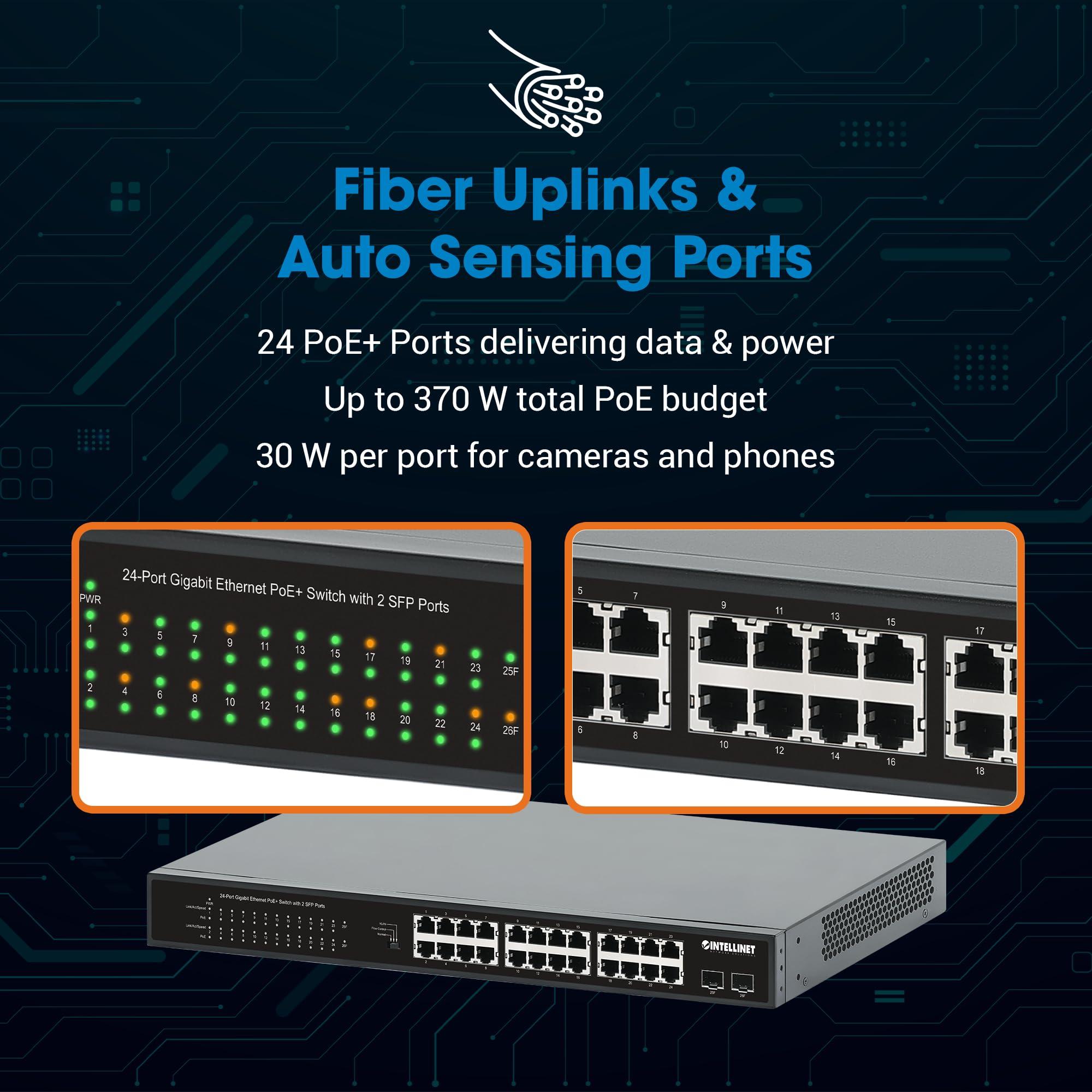 Intellinet Intellinet 24-Port Unmanaged PoE+ Gigabit Ethernet Switch - 370W Power Budget, 2 x 1Gbps SFP Ports, Rackmount/Desktop, Autosensing Ports, Sturdy Metal 3 Yr Mfg Warranty - 561891