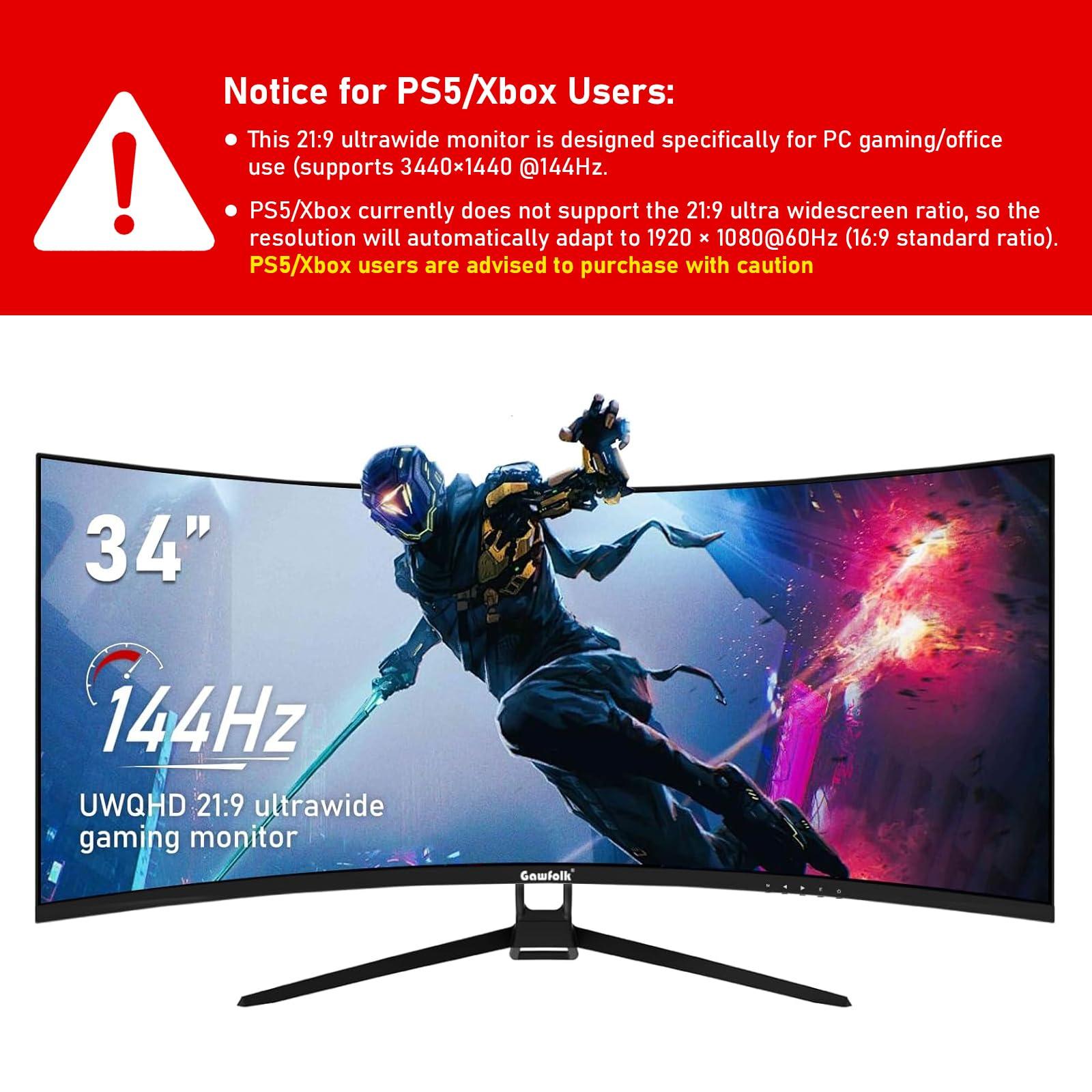 Gawfolk Gawfolk 34 Inch Ultrawide Curved 144Hz Gaming Computer Monitor 1500R PC Screen 21:9 UWQHD (3440x1440),Adaptive Sync,178 Viewing Angle,HDMIDisplay Port,Compatible with Wall mounting - Black