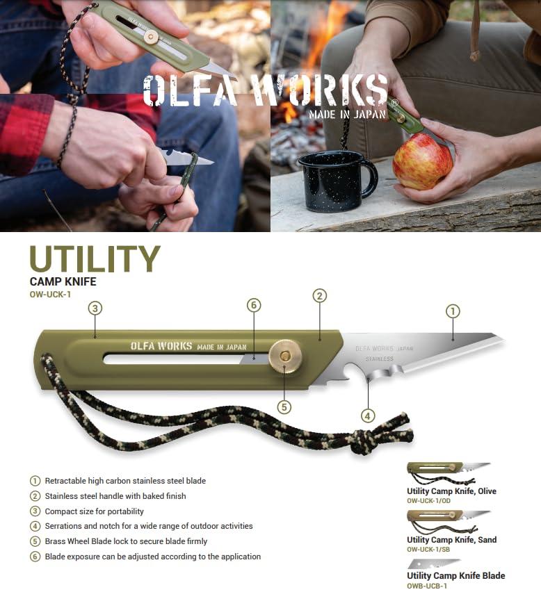 OLFA OLFA WORKS OW-UCK-1/SB Utility Camp Knife High Carbon Stainless Steel Blade - Multipurpose Outdoor Knife, Great for and Camping Activities - Brass Wheel Lock, Replacement Blade: OWB-UCB-1 (Sand)