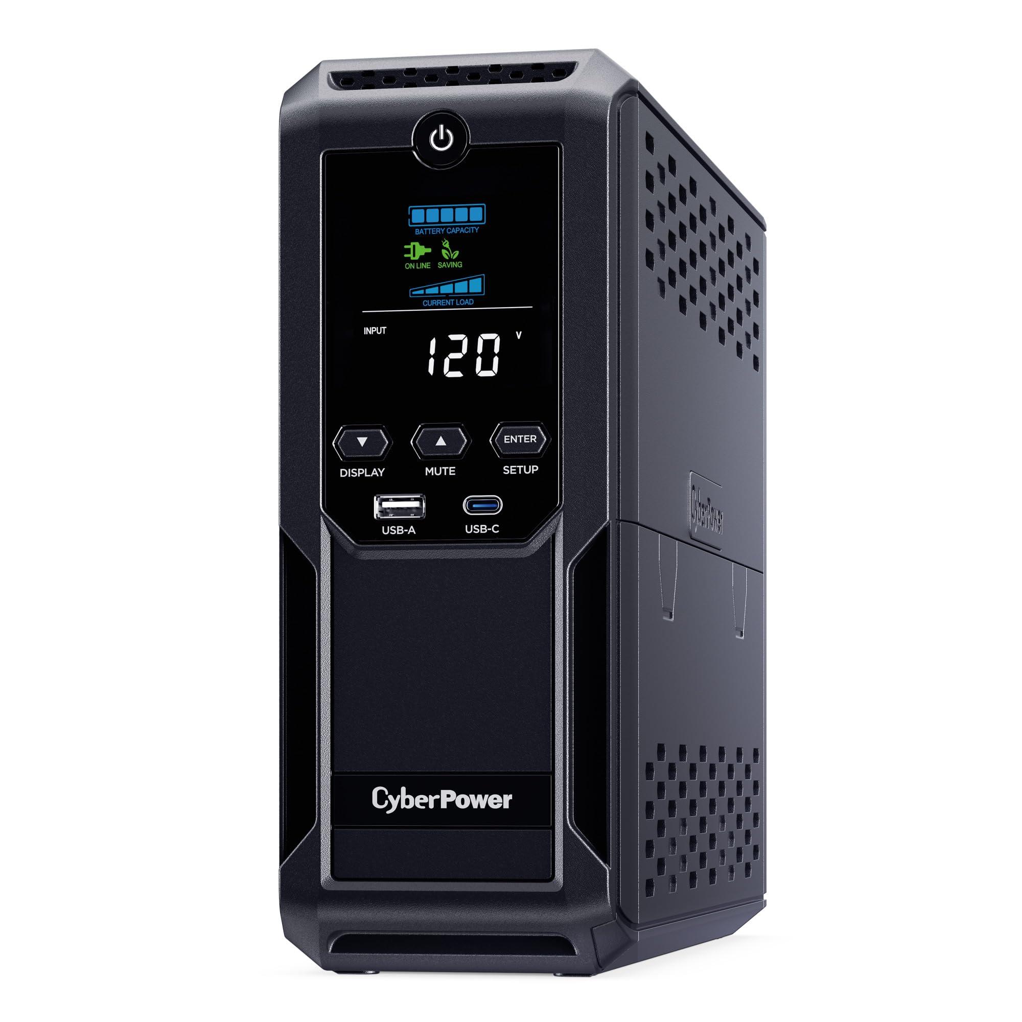 CyberPower CyberPower CP1350AVRLCD3 Intelligent LCD UPS System, 1350VA/815W, 12 Outlets, 2 USB Ports, AVR, Mini Tower, Black