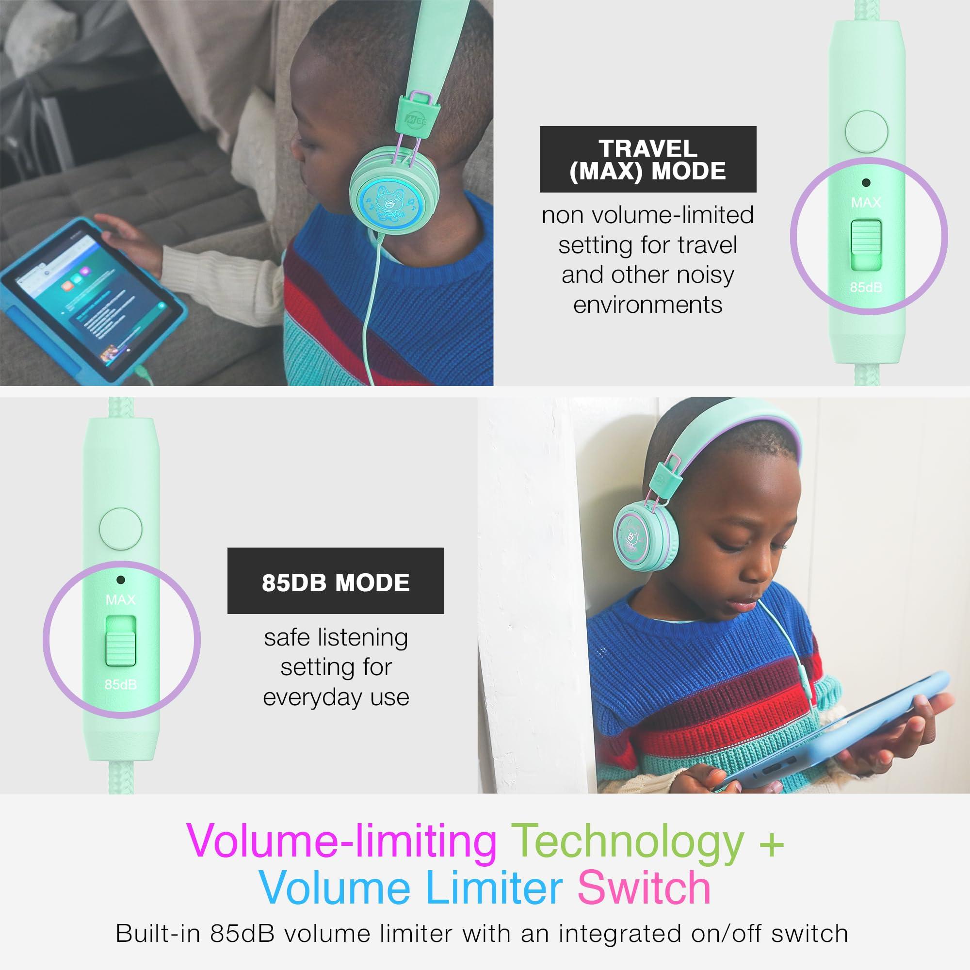 MEE audio MEE audio KidJamz KJ55 Safe Listening USB-C Headphones for Children with Multicolor LED Lights, Volume Limiter, & Microphone; On-Ear Wired Kids Headset for iPhone 16, iPad, & USB Type C Devices (Mint)