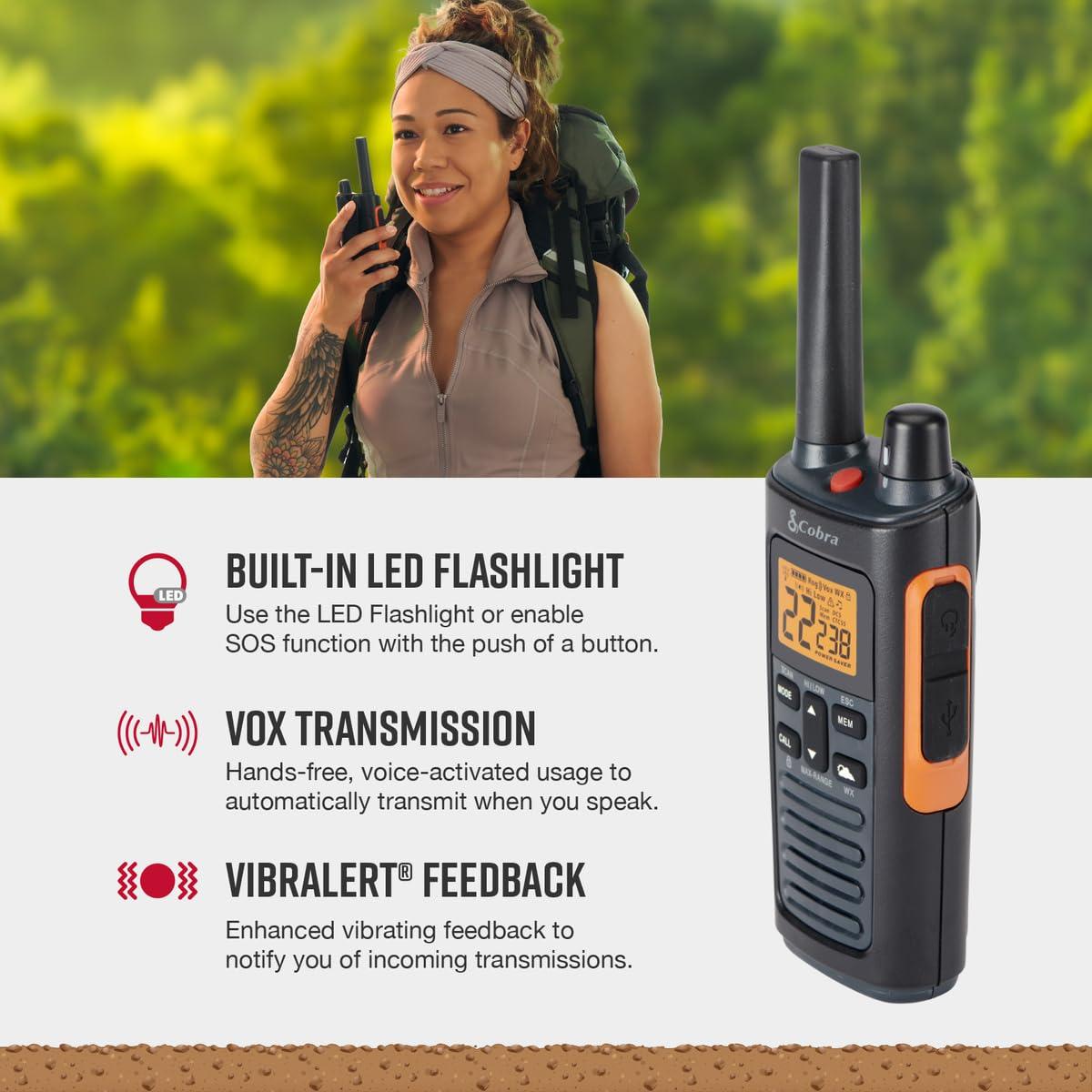 Cobra Cobra RX680 Walkie Talkies (2-Pack) - Rugged & Splashproof Two Way Radios Long Range, IP54 Water Resistant Design, 60 Pre-Programmed Channels, Weather Alerts, Included Charging Dock (Black/Orange)