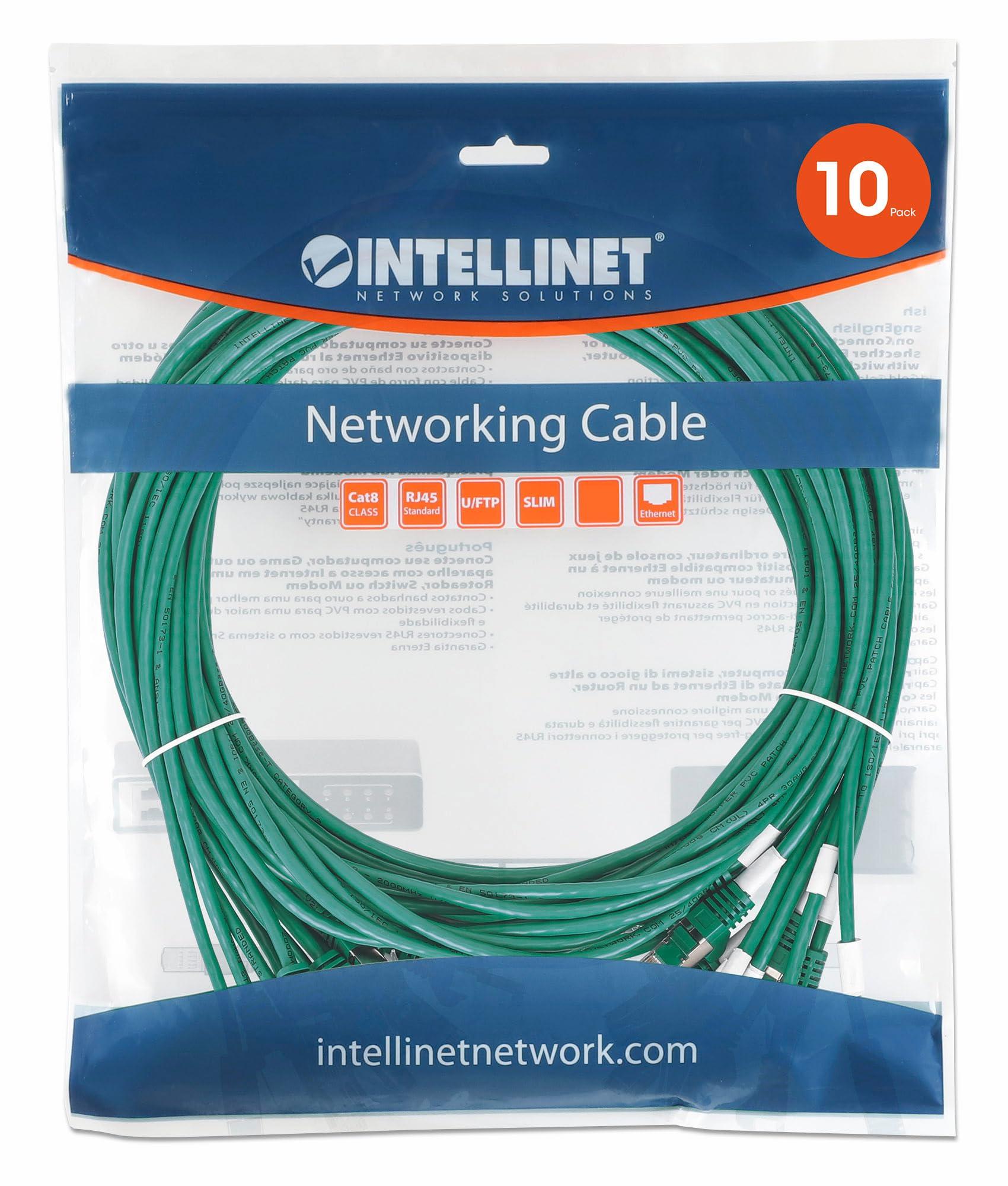 Intellinet Intellinet Slim Cat8 Ethernet Network Patch Cable 10-Pack - 40Gbps & 2000MHz, Snagless Boot, 30AWG Pure Bare Copper Wire, Gold-Plated Contacts, Lifetime Mfg Warranty 14ft, 10 Pack, Green