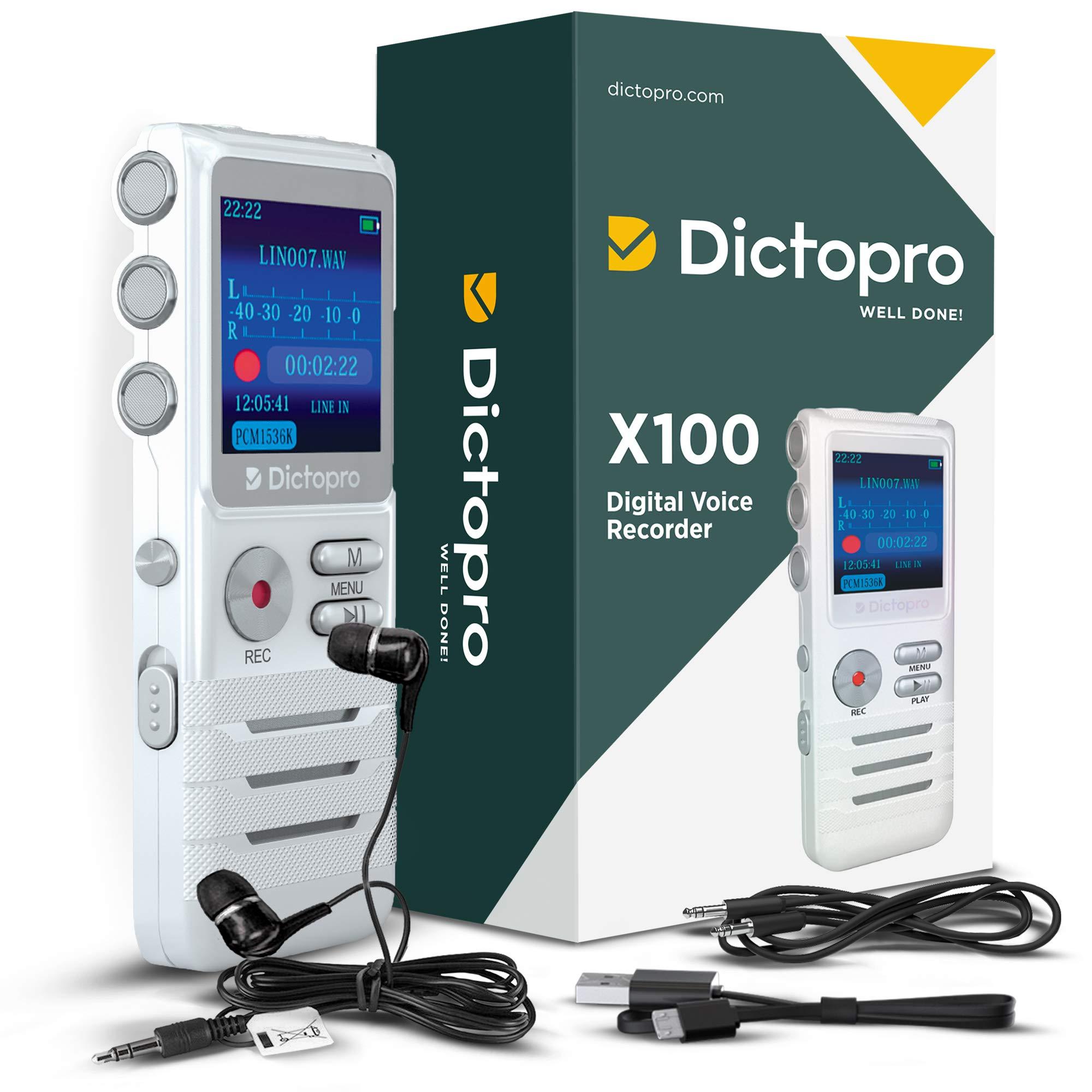Dictopro Digital Voice Activated Recorder by Dictopro- Easy HD Recording of Lectures and Meetings with Double Microphone, Noise Reduction Audio, Sound, Portable Mini Tape Dictaphone, MP3, USB, 8GB