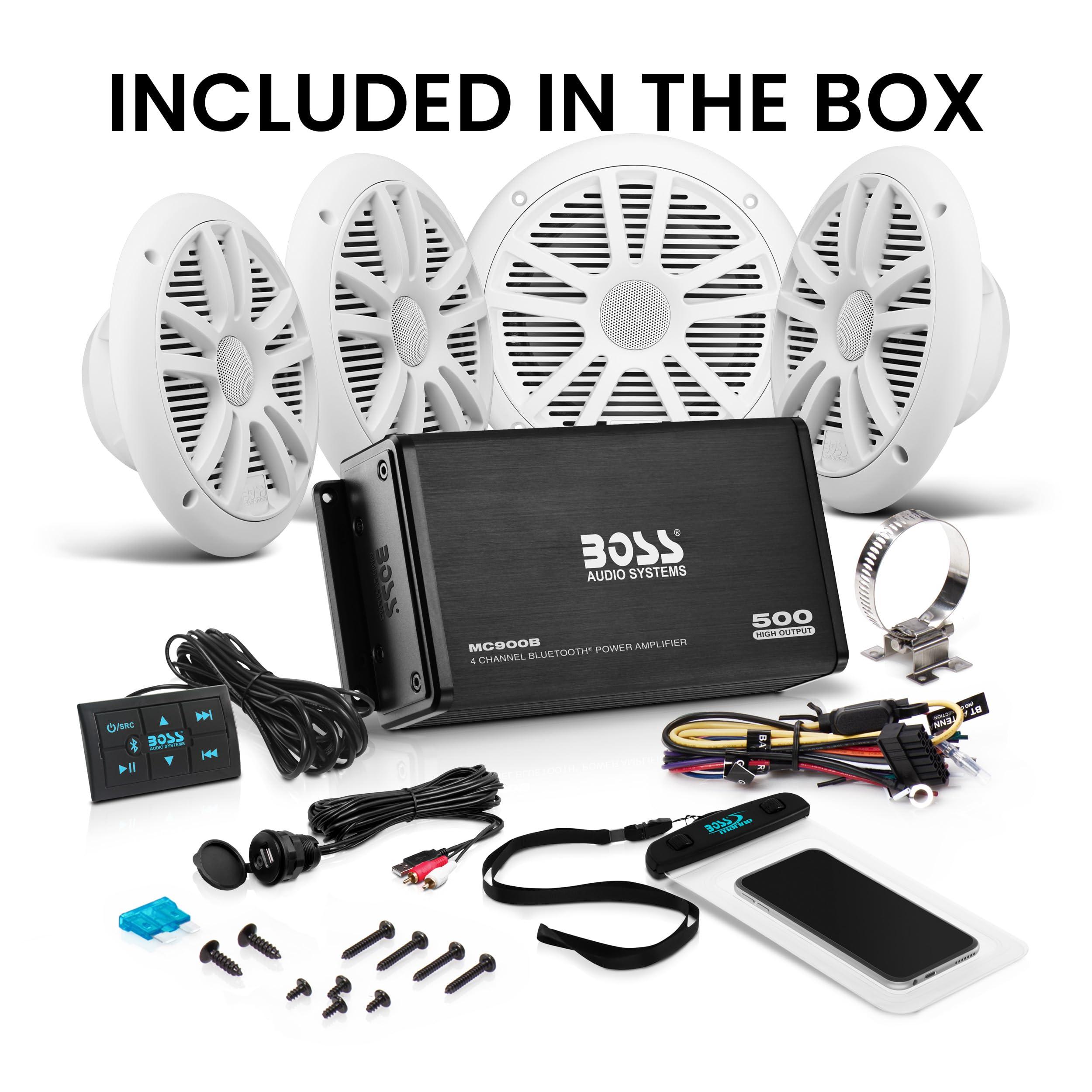 BOSS Audio Systems BOSS Audio Systems ASK904B.64 Marine Boat 6.5 inch Speakers and 4 Channel Amplifier - 500 High Output, Bluetooth Remote, USB and Auxiliary, Waterproof Pouch