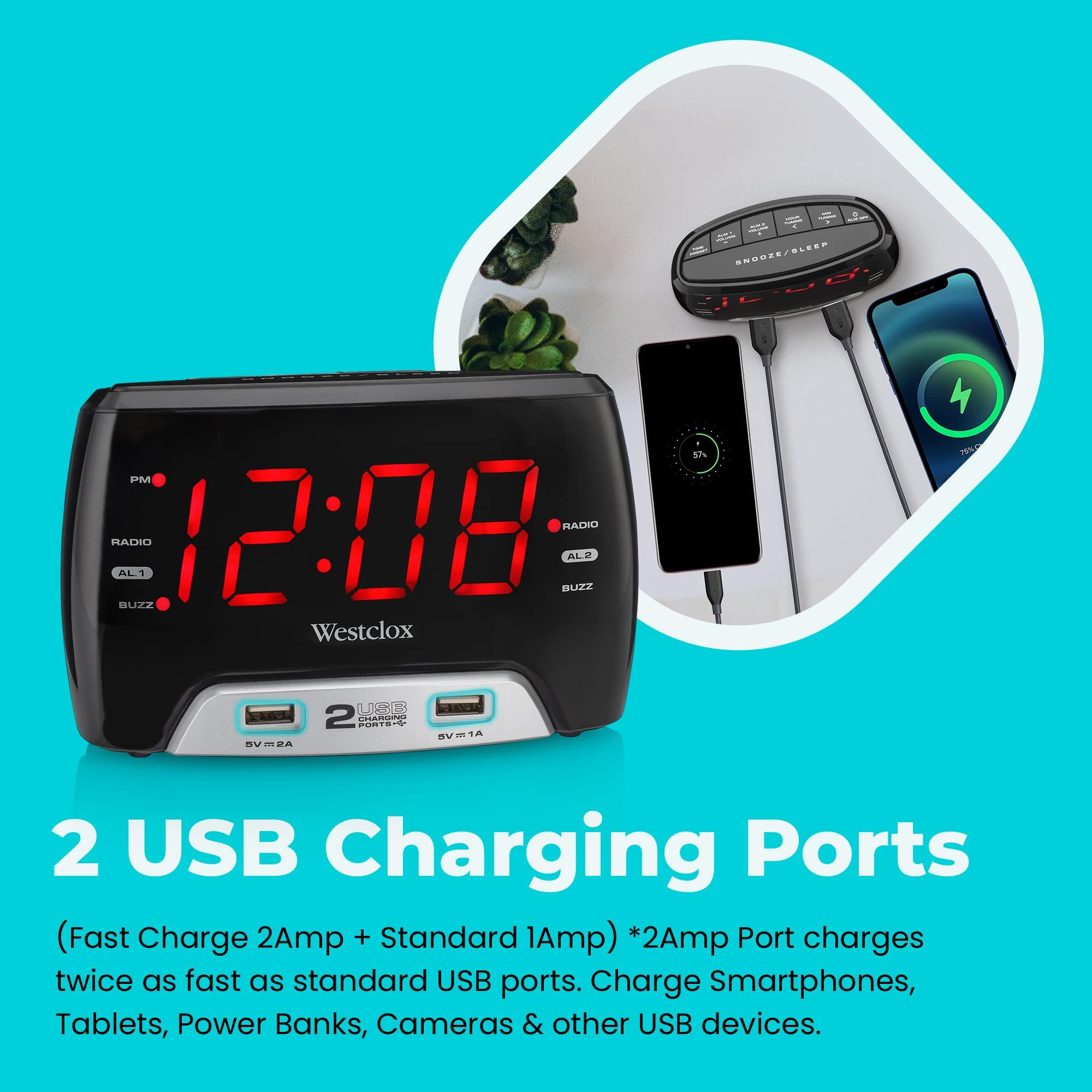 Westclox Westclox Basic Large 1.4 red LED Digital FM Clock Radio 2 USB Charging Port with Fast Charge for Bedroom, Home or Office Model# 80227WM