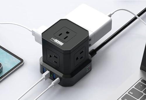 Uncaged Ergonomics Cube Power Strips with Surge Protection, 10ft Extension Cord with Multiple Outlets, 5 AC Plugs + 3 USB + 1 USB-C Fast Charging Power Strip with USB Ports, Mountable On/Off Switch Charging Station